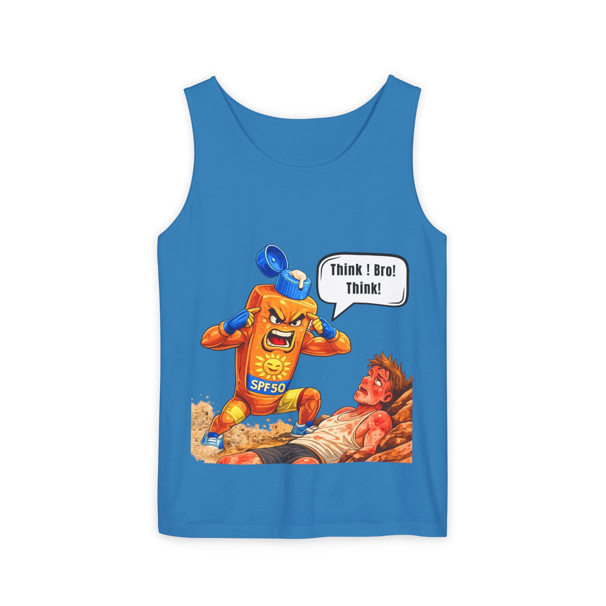 Sunscreen Mascot Tank Top — "Think! Bro! Think!" Vintage Safety Graphic
