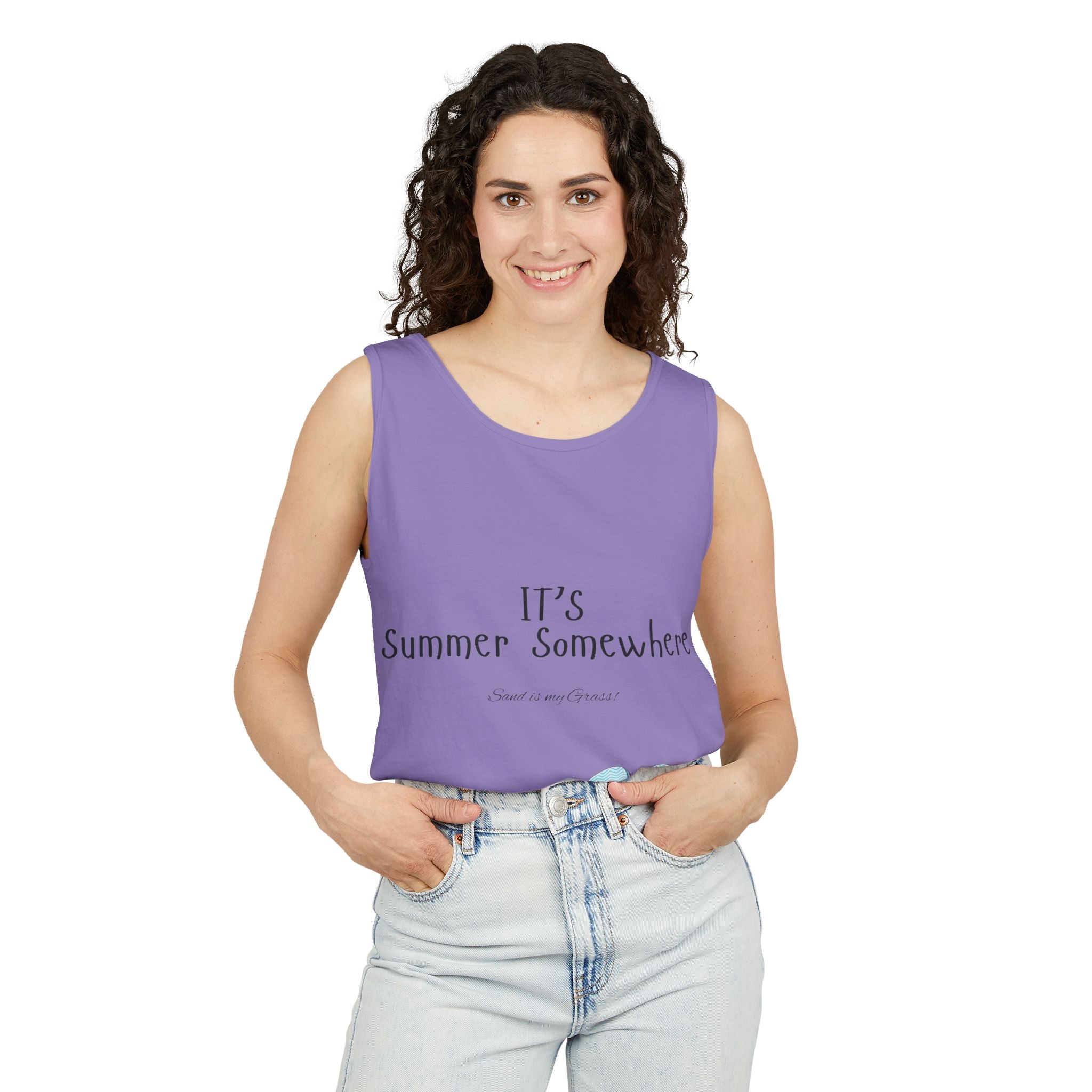 Beach Vibes Tank Top — "It’s Summer Somewhere" Flip-Flop & Sand Graphic