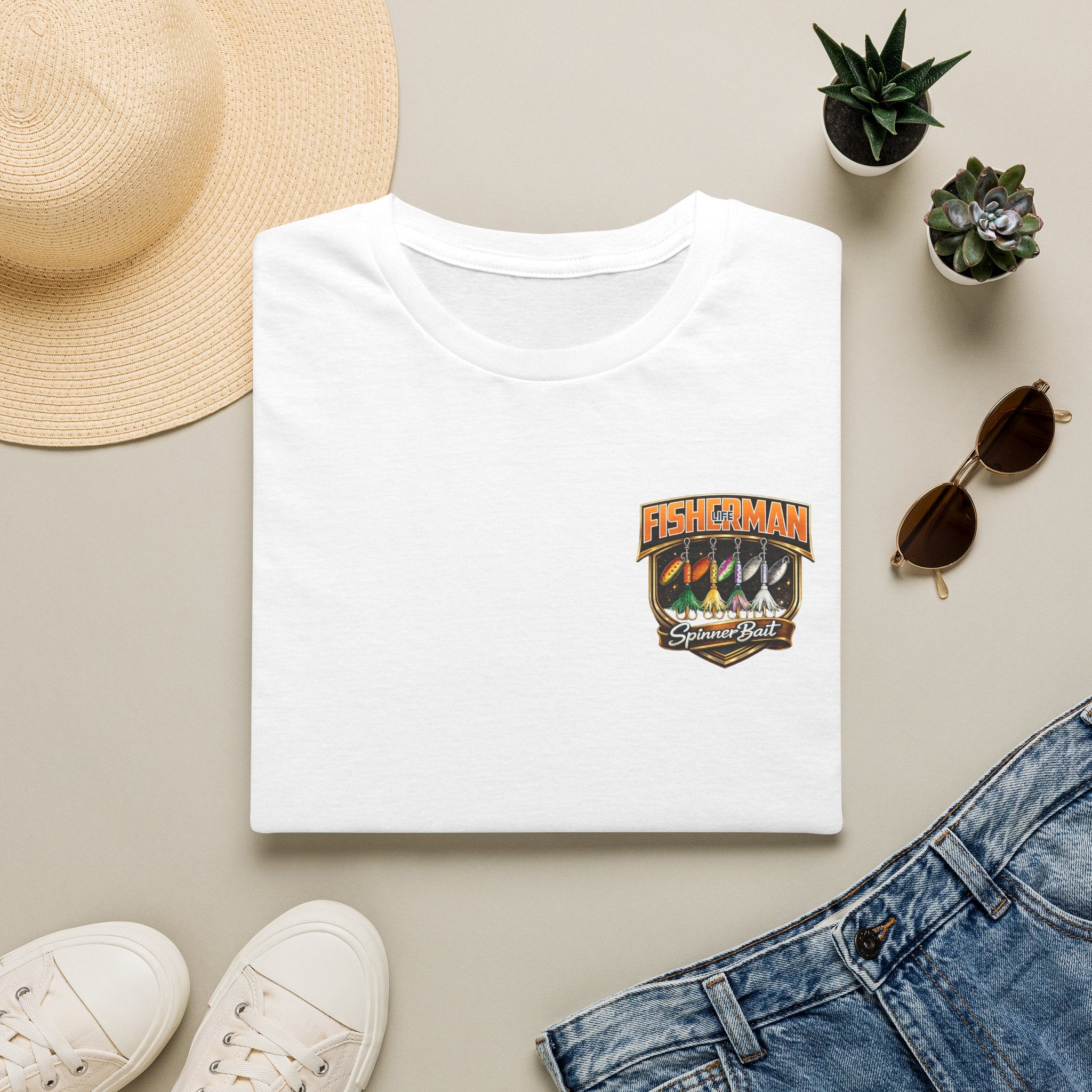 Spinner Bait Fisherman Sunset Badge T-Shirt