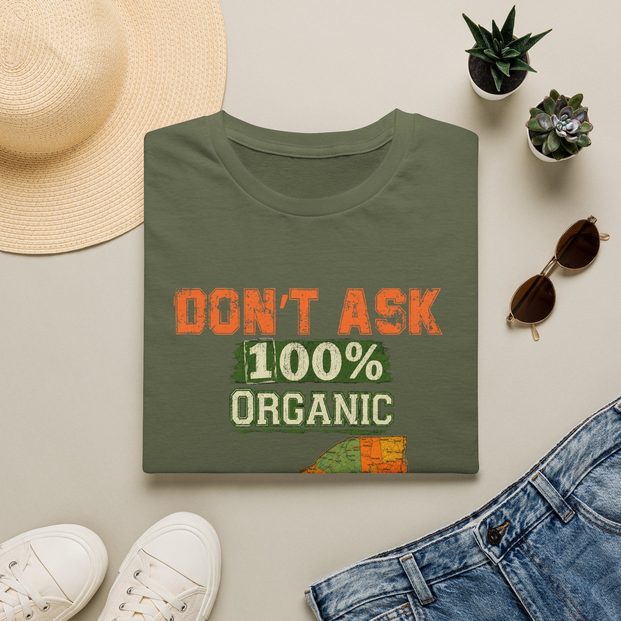 T-Shirt — "Don't Ask 100% Organic" New York Graphic Tee (Vintage Farm / Earthy)