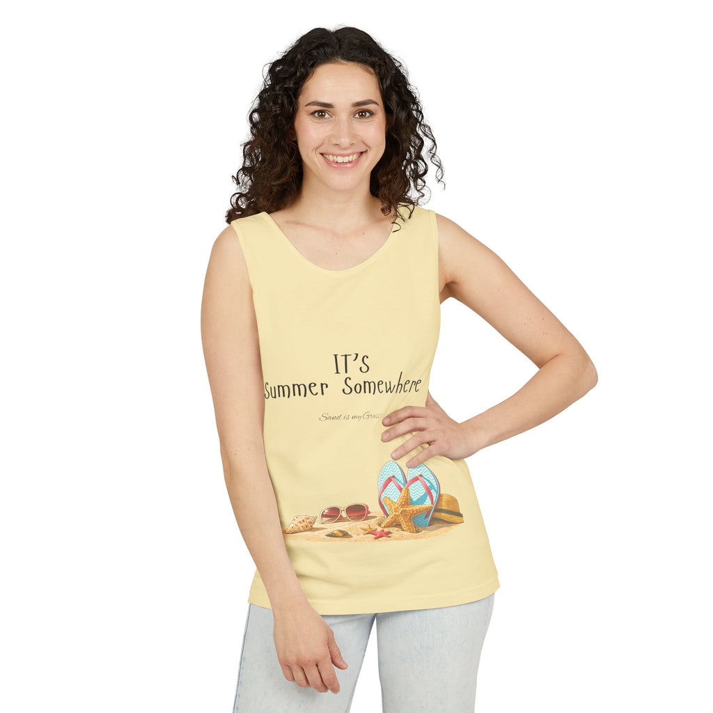 Beach Vibes Tank Top — "It’s Summer Somewhere" Flip-Flop & Sand Graphic