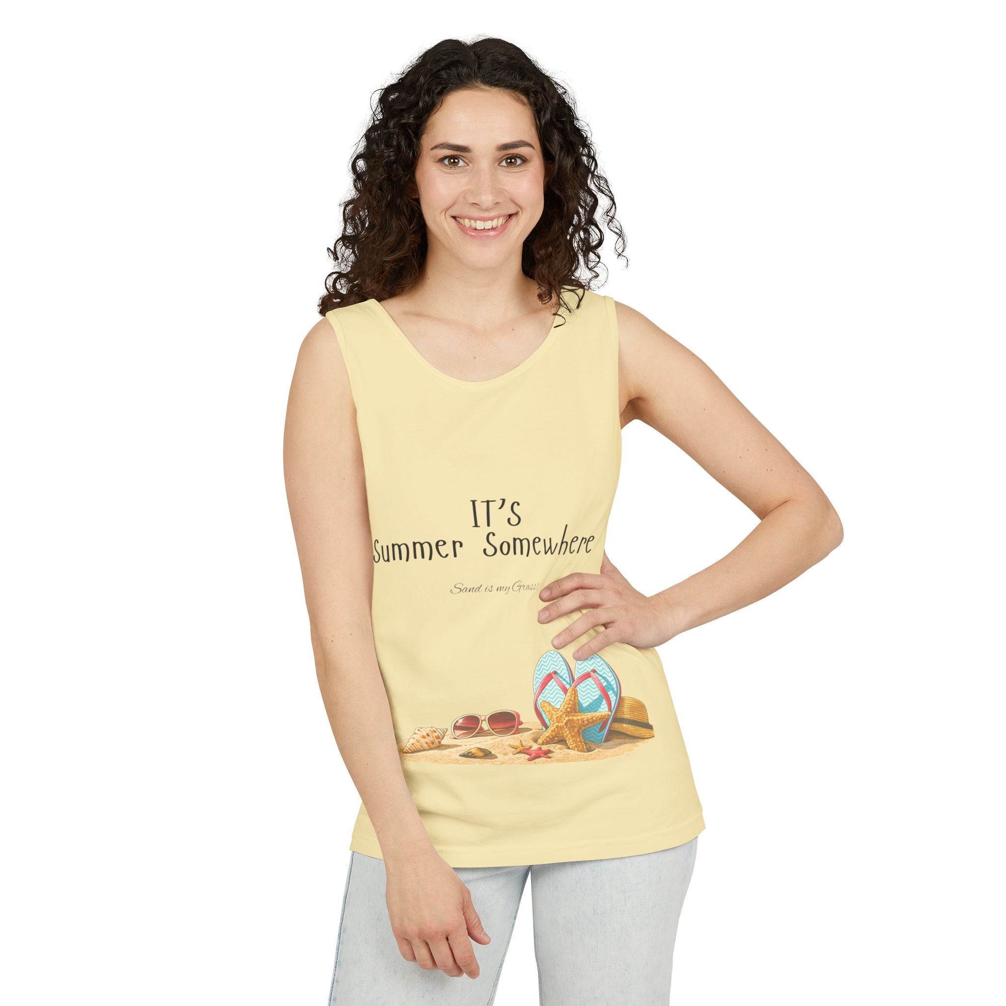 Beach Vibes Tank Top — "It’s Summer Somewhere" Flip-Flop & Sand Graphic