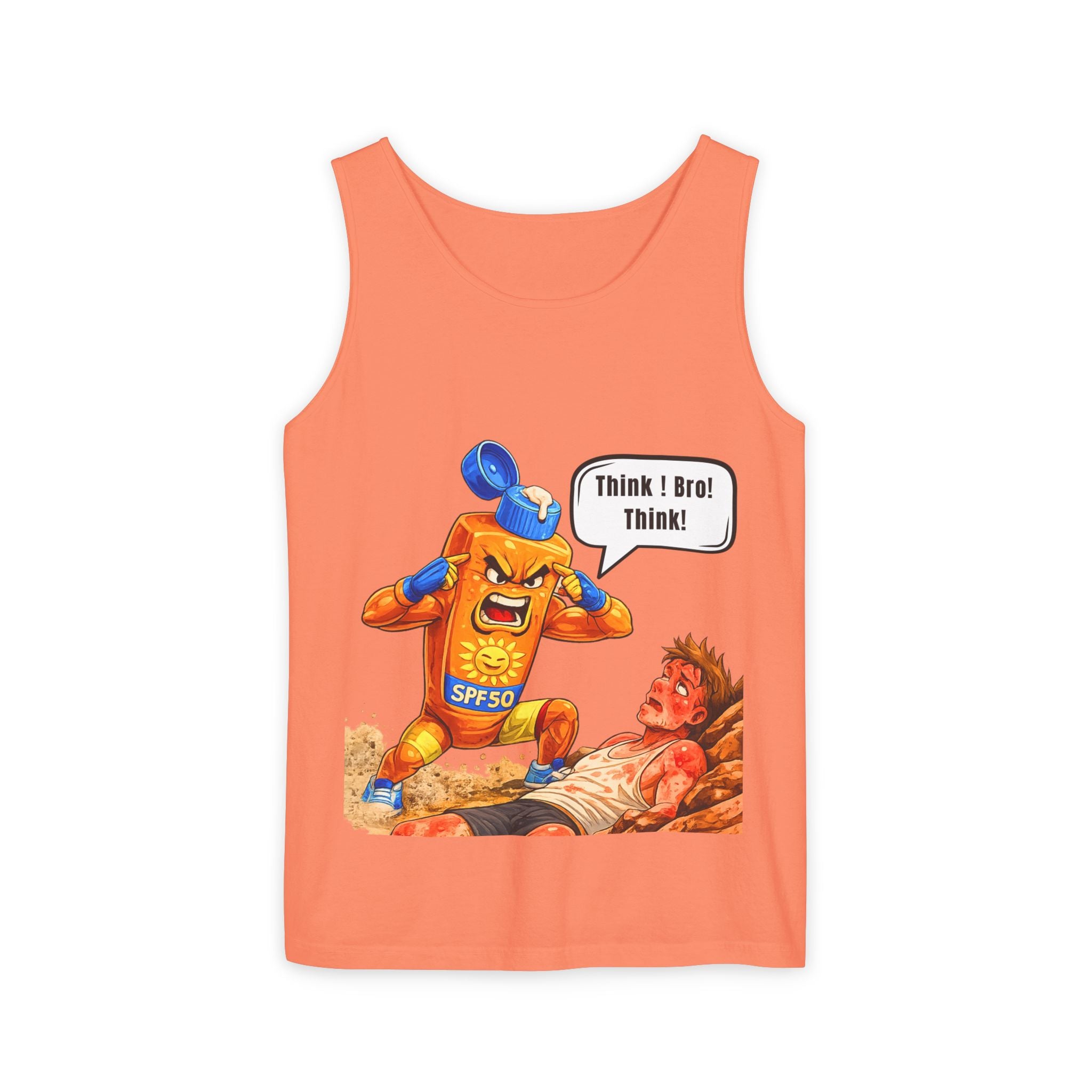Sunscreen Mascot Tank Top — "Think! Bro! Think!" Vintage Safety Graphic