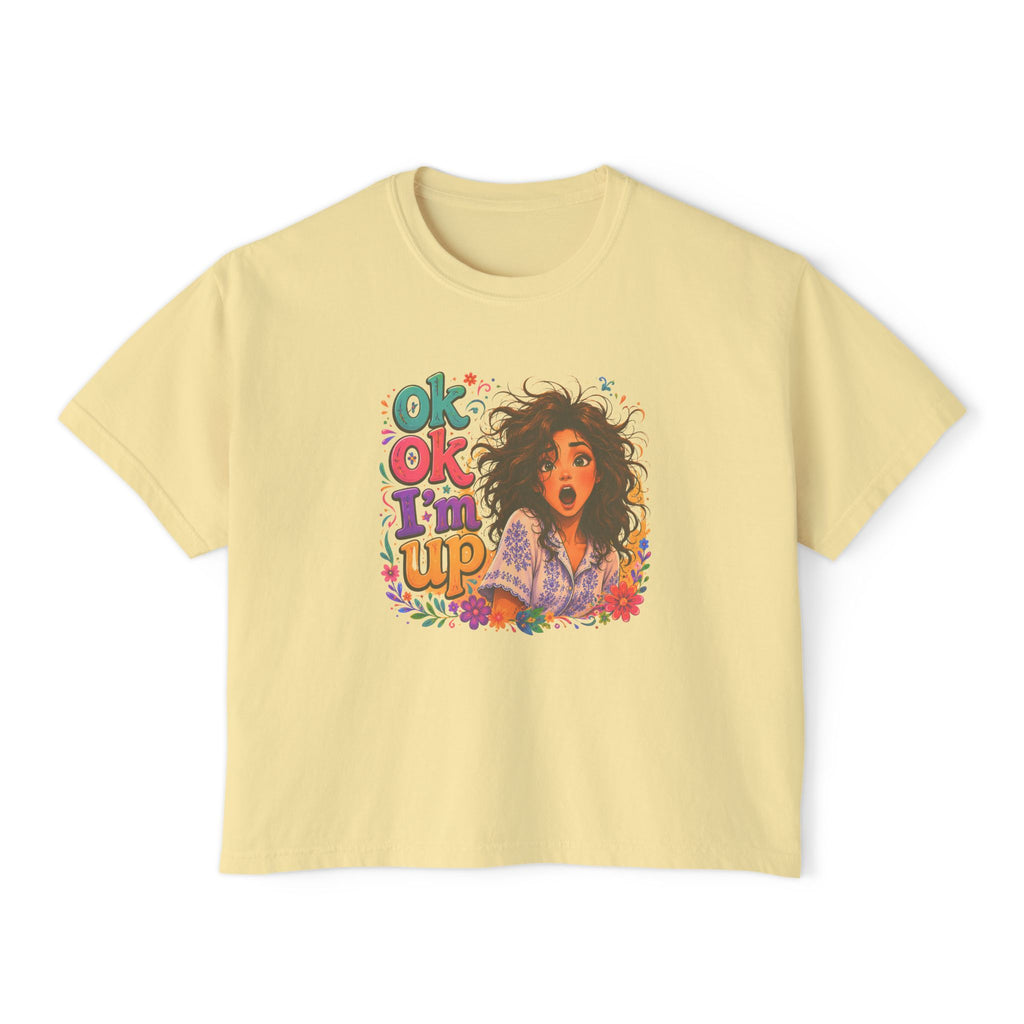Women's Boxy Tee — 'Ok Ok I'm Up' Retro Floral Graphic Crop Top