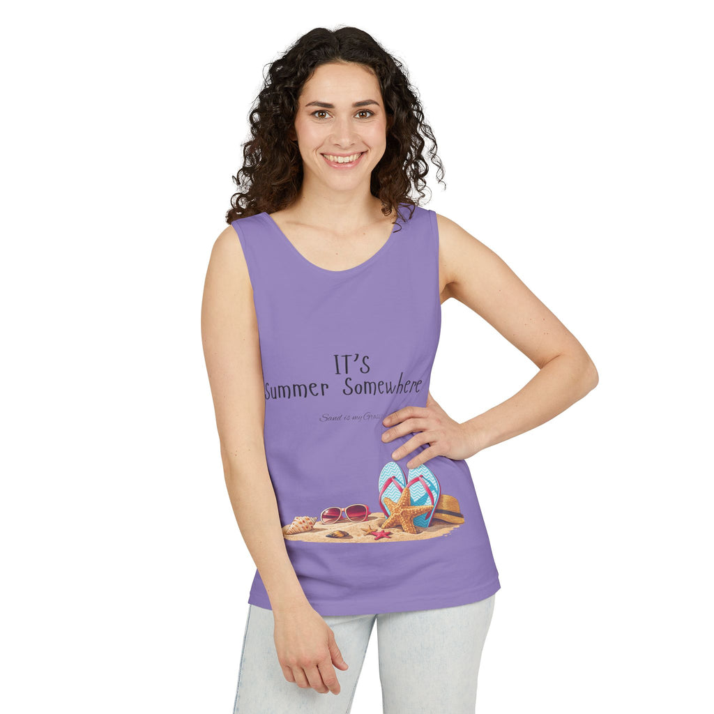 Beach Vibes Tank Top — "It’s Summer Somewhere" Flip-Flop & Sand Graphic