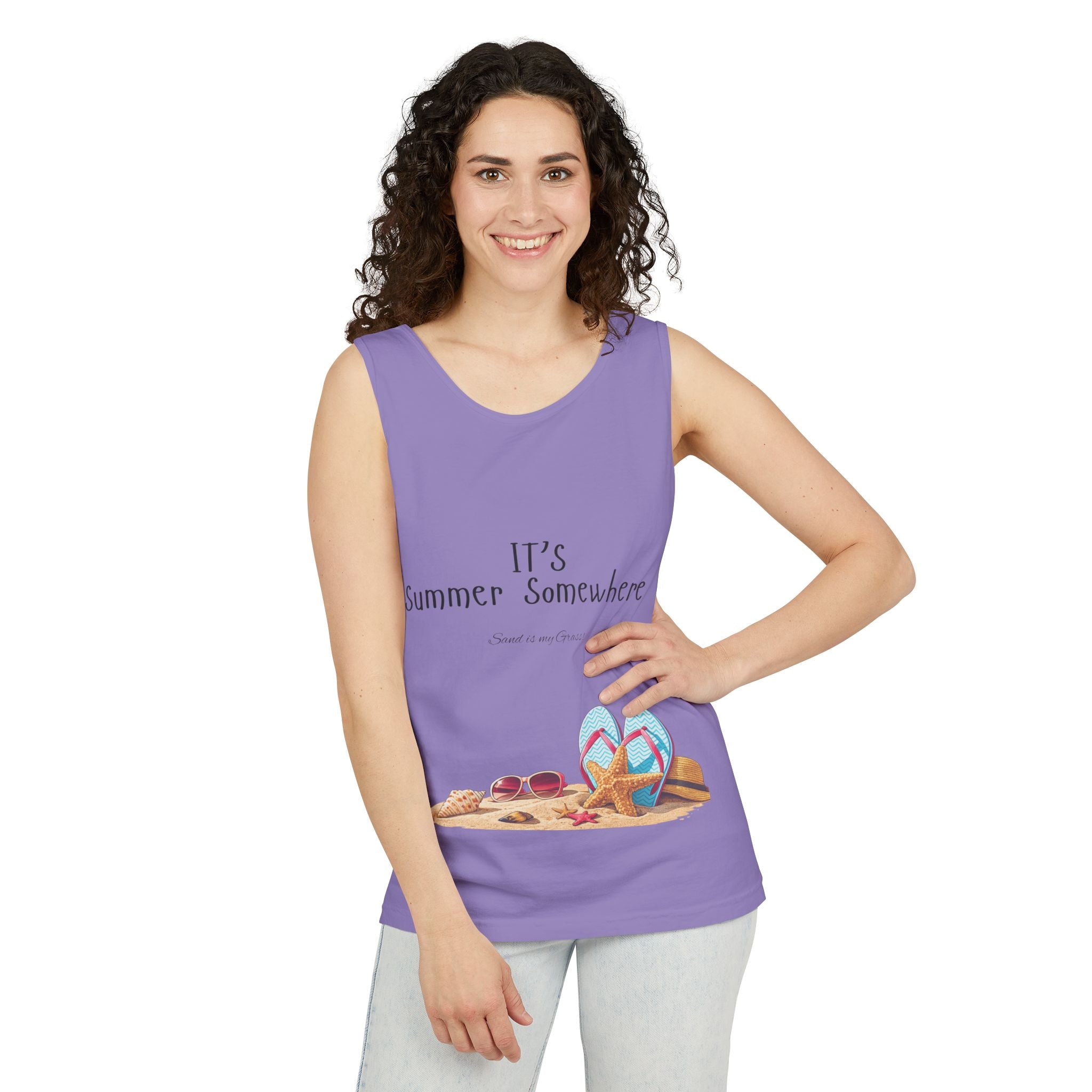 Beach Vibes Tank Top — "It’s Summer Somewhere" Flip-Flop & Sand Graphic