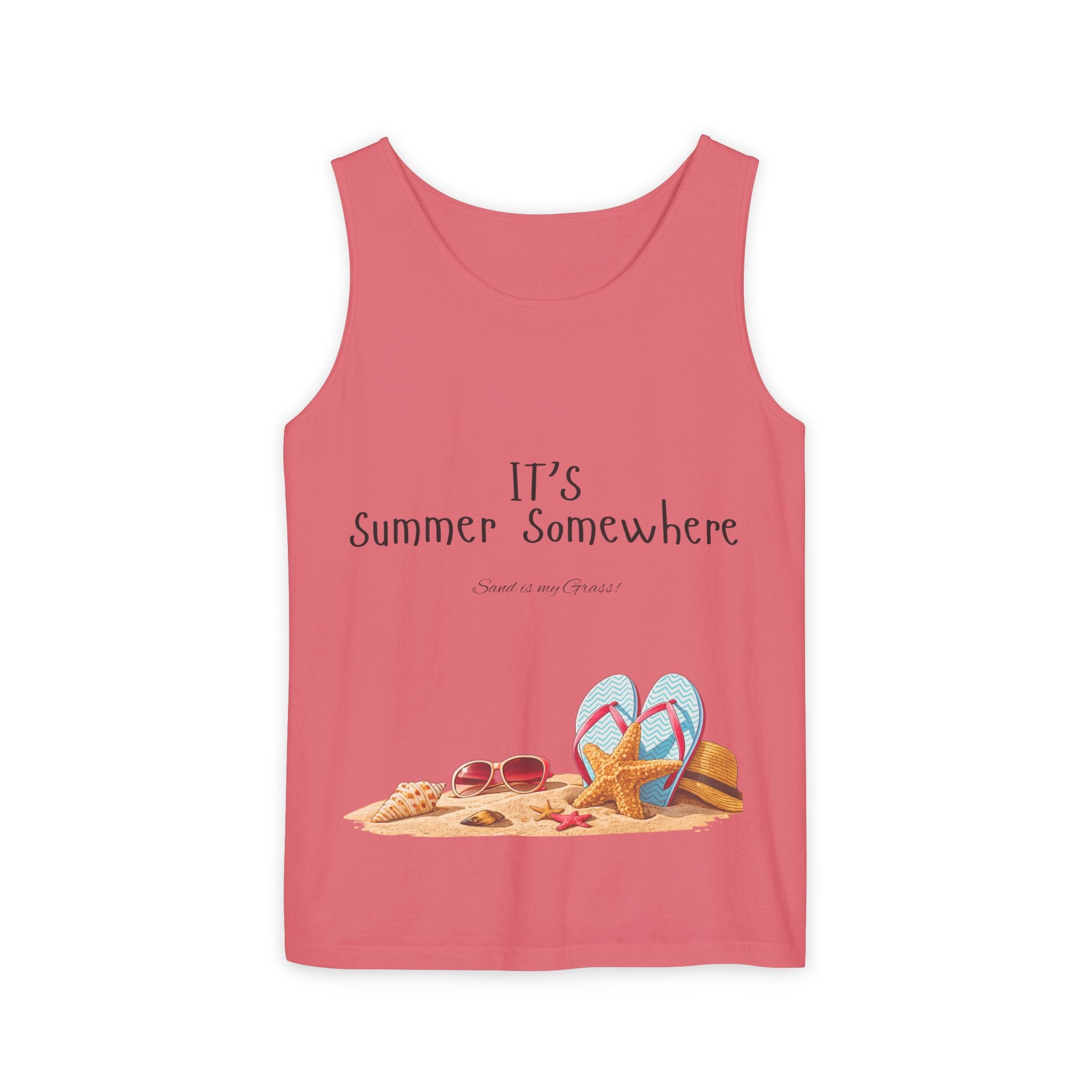 Beach Vibes Tank Top — "It’s Summer Somewhere" Flip-Flop & Sand Graphic