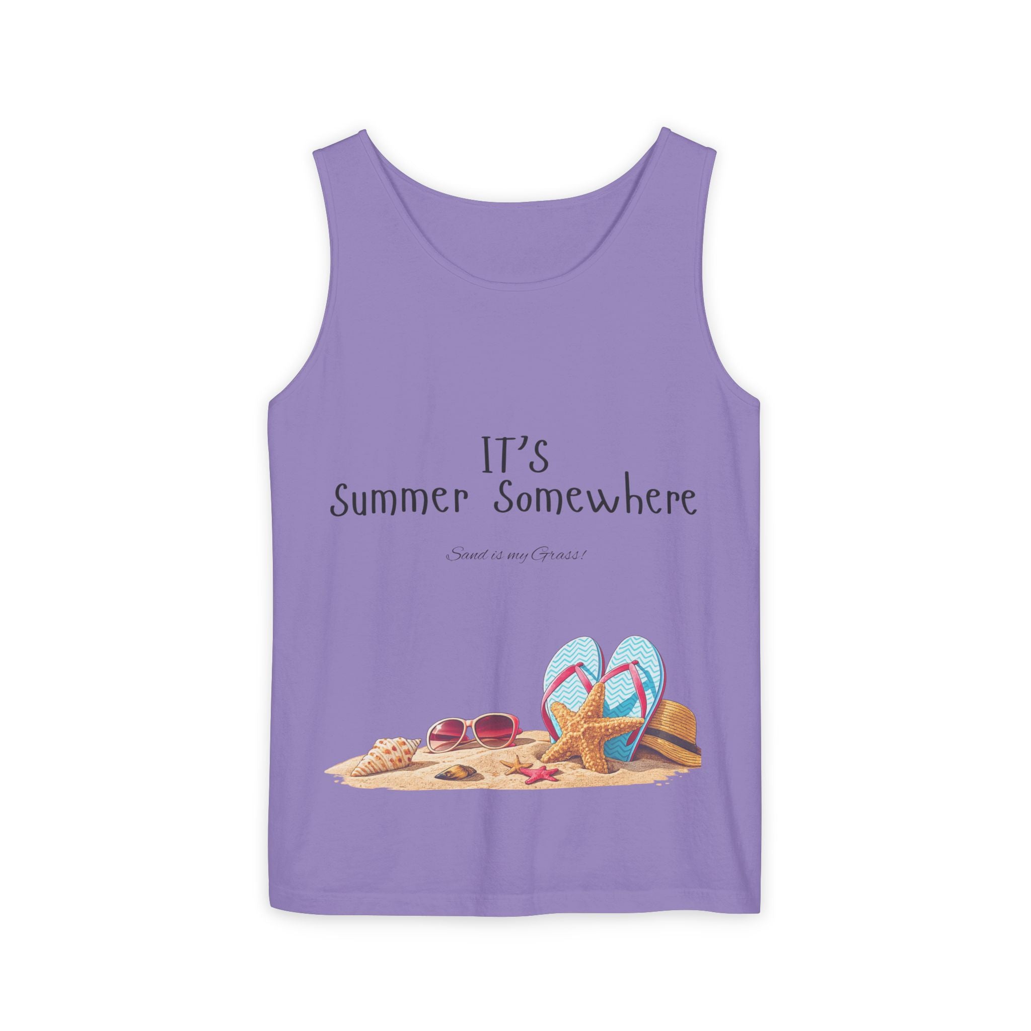 Beach Vibes Tank Top — "It’s Summer Somewhere" Flip-Flop & Sand Graphic