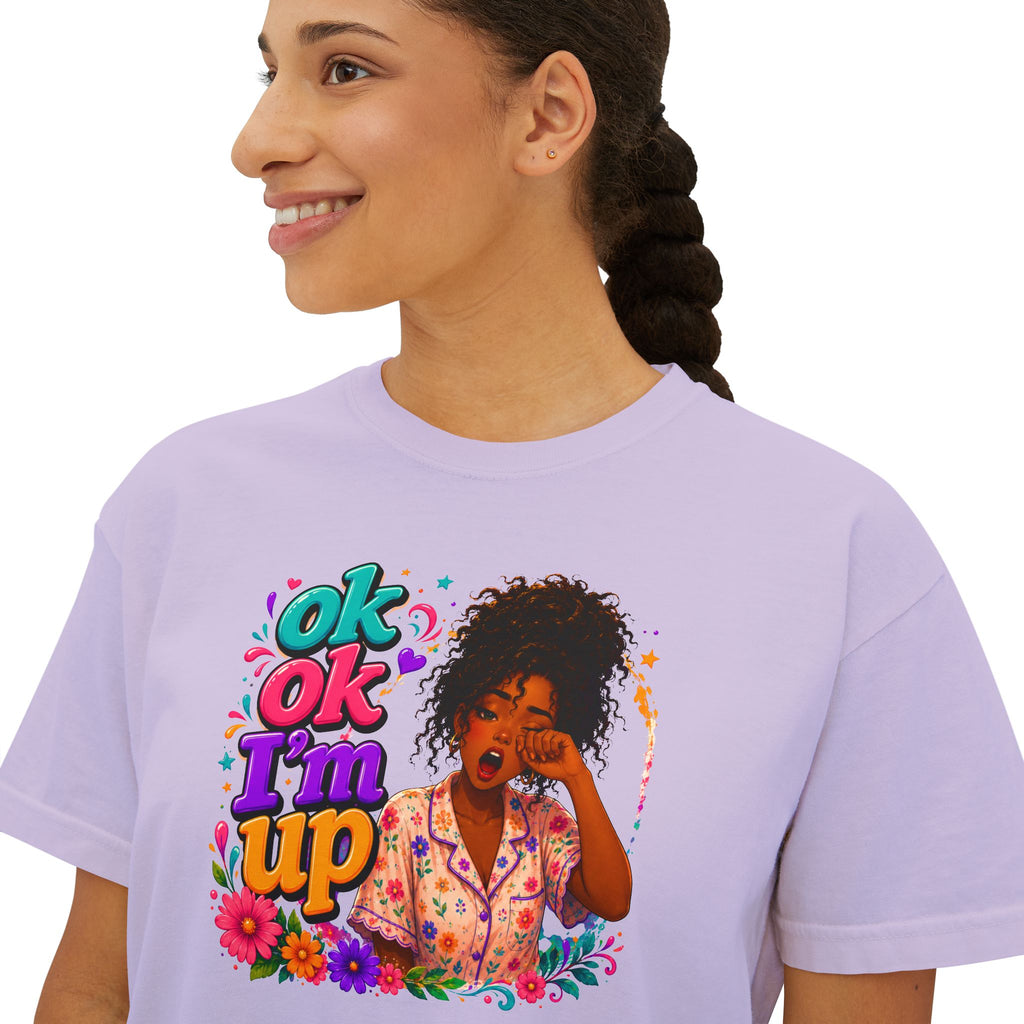 Women's 'Ok Ok I'm Up' Boxy Tee - Retro Floral Graphic Cropped T-Shirt
