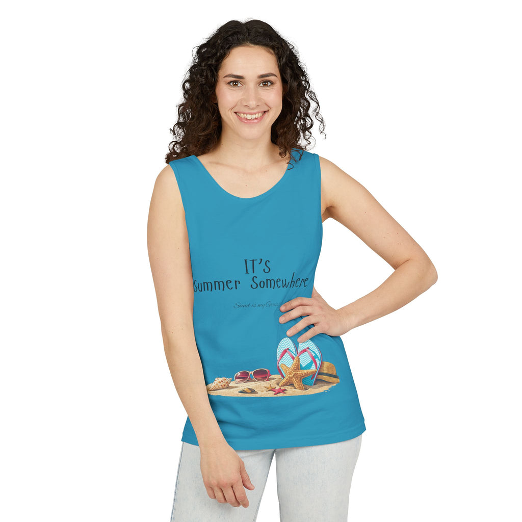 Beach Vibes Tank Top — "It’s Summer Somewhere" Flip-Flop & Sand Graphic