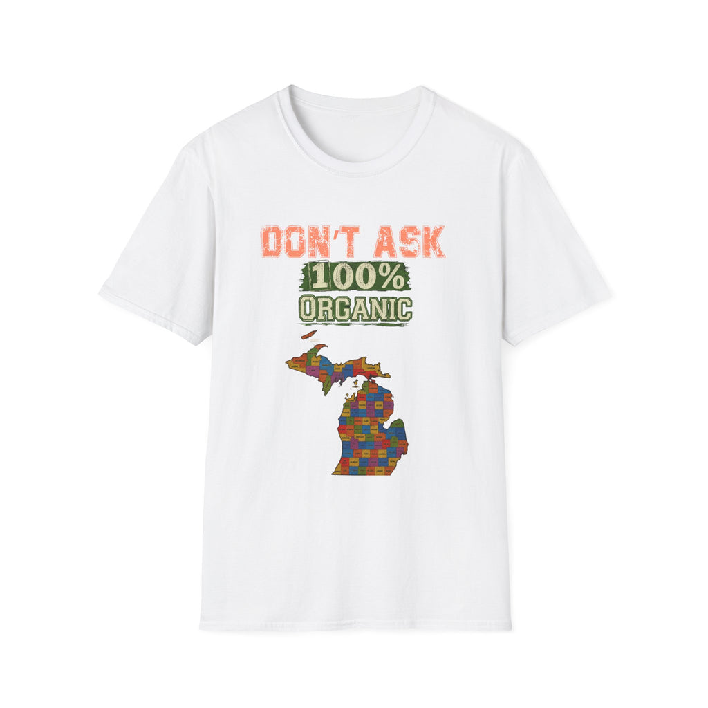 T-Shirt — "Don't Ask 100% Organic" Michigan Puzzle-Map Tee