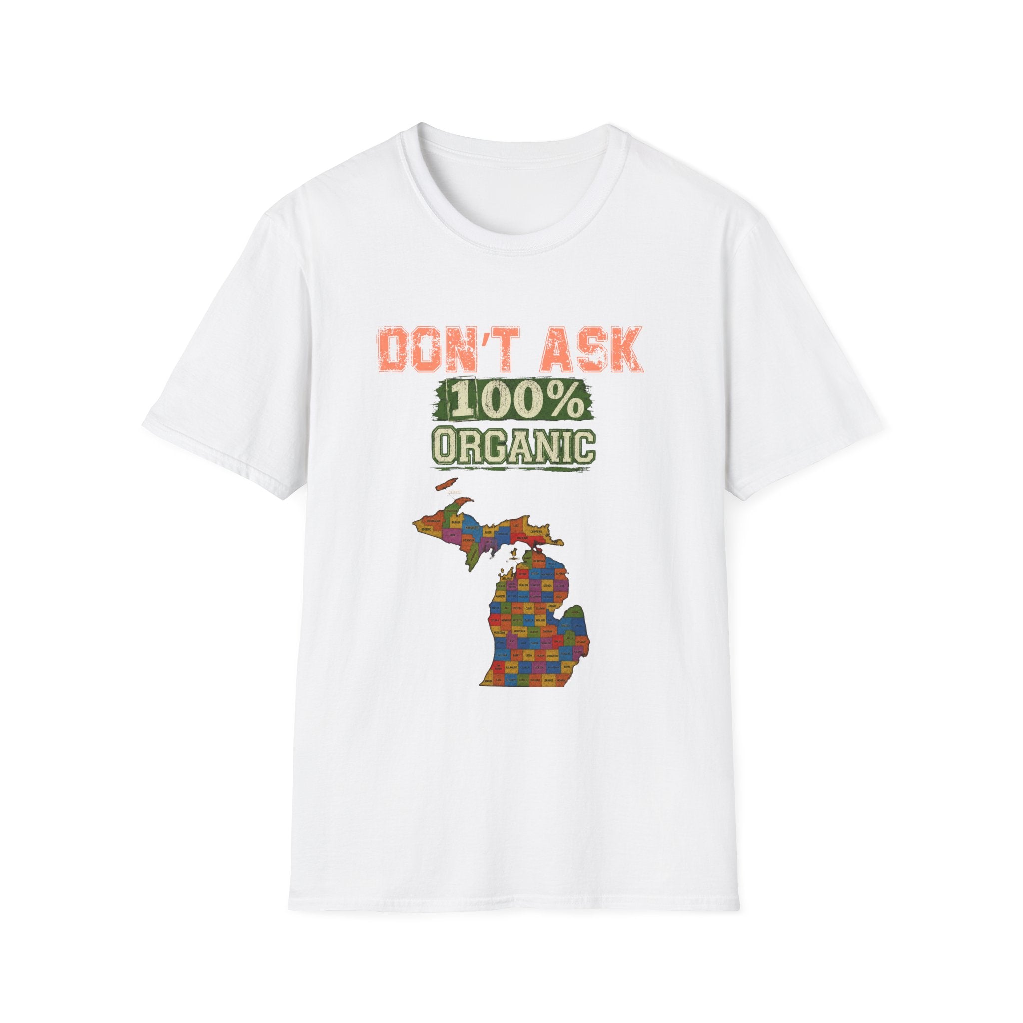 T-Shirt — "Don't Ask 100% Organic" Michigan Puzzle-Map Tee