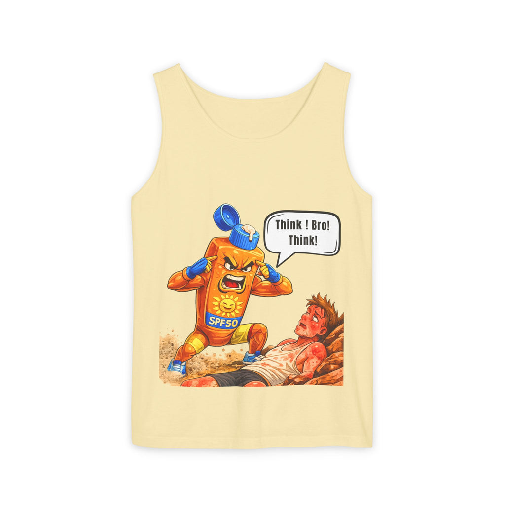 Sunscreen Mascot Tank Top — "Think! Bro! Think!" Vintage Safety Graphic