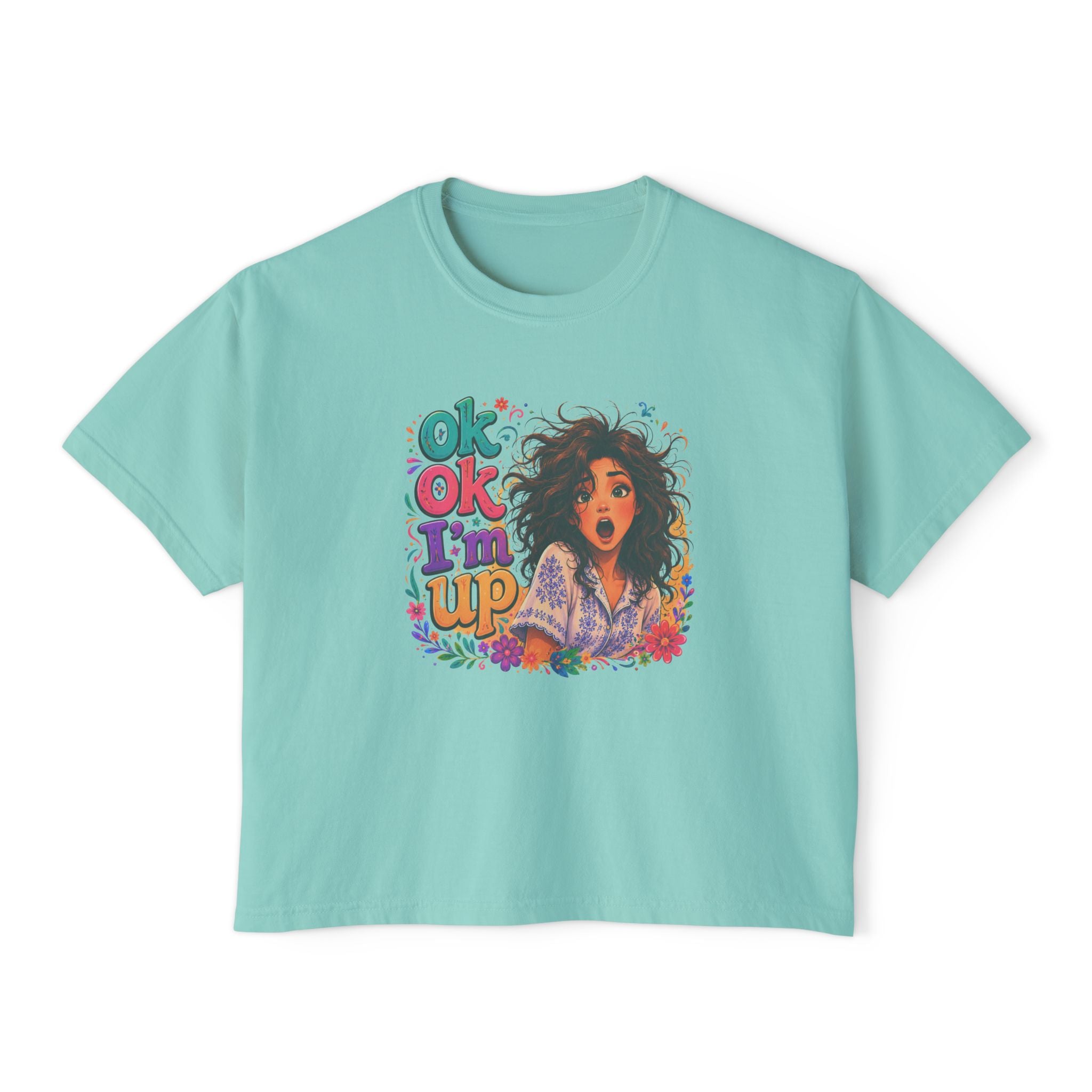 Women's Boxy Tee — 'Ok Ok I'm Up' Retro Floral Graphic Crop Top