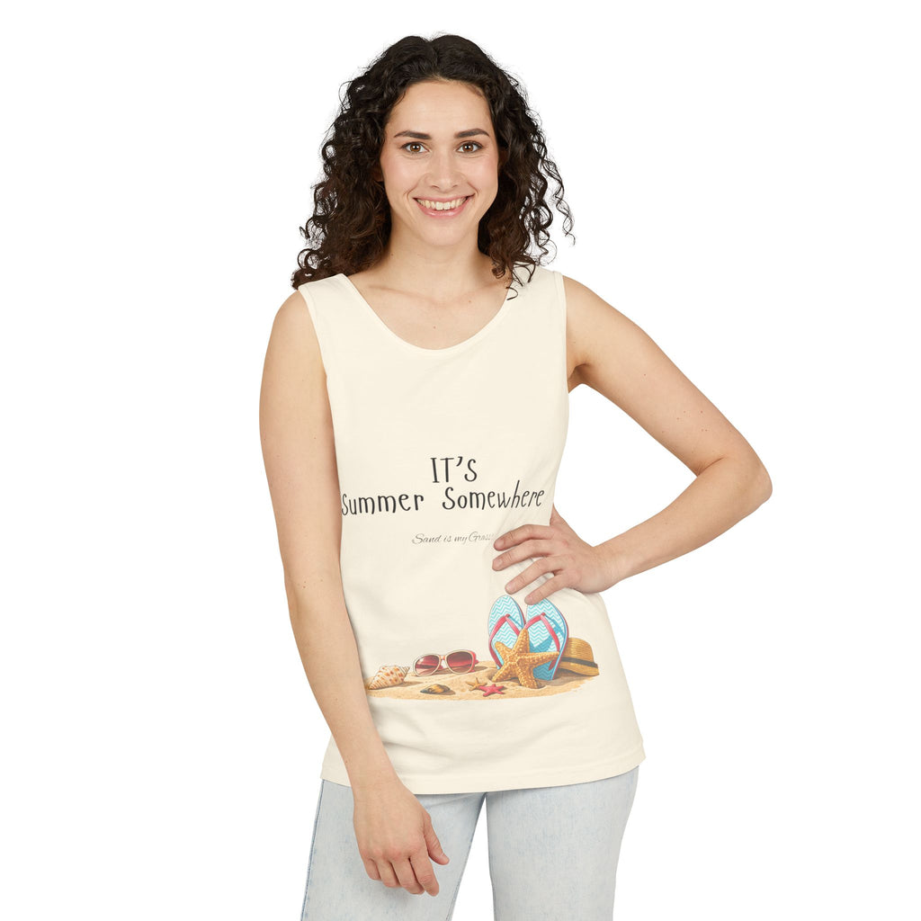 Beach Vibes Tank Top — "It’s Summer Somewhere" Flip-Flop & Sand Graphic