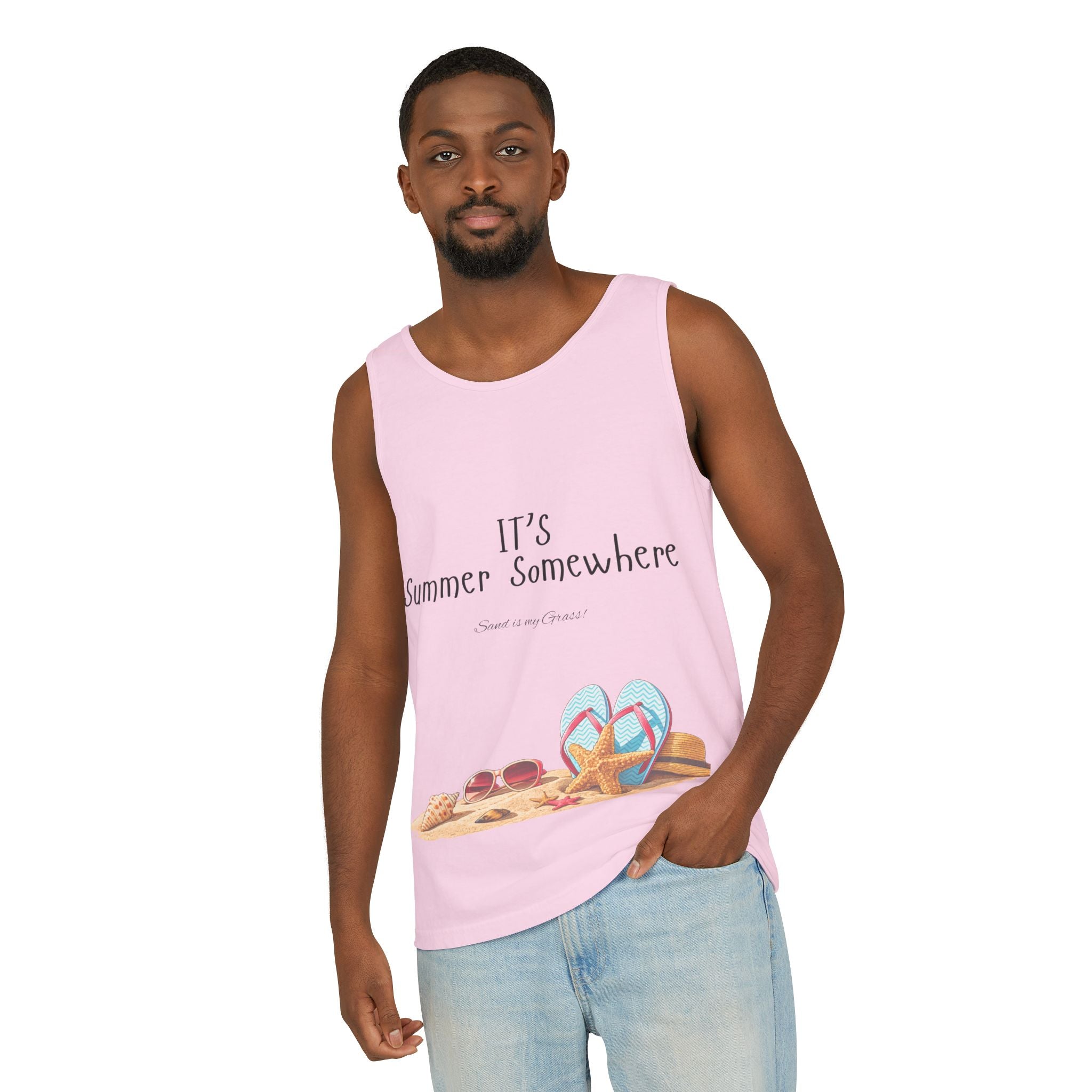 Beach Vibes Tank Top — "It’s Summer Somewhere" Flip-Flop & Sand Graphic