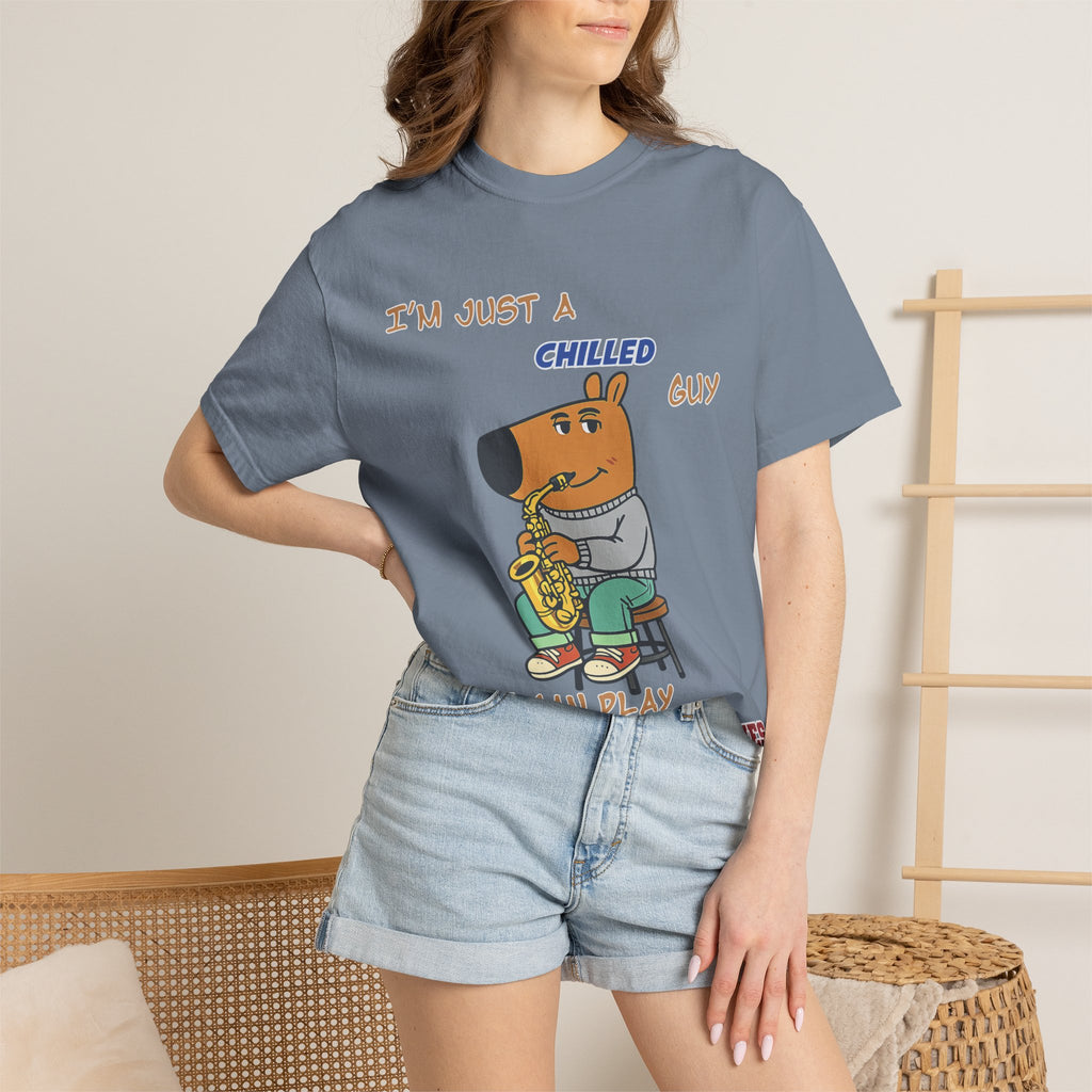 Chilled Saxophone Dog T-Shirt — "I'm Just a Chilled Guy But I Can Play Them Saxophones"