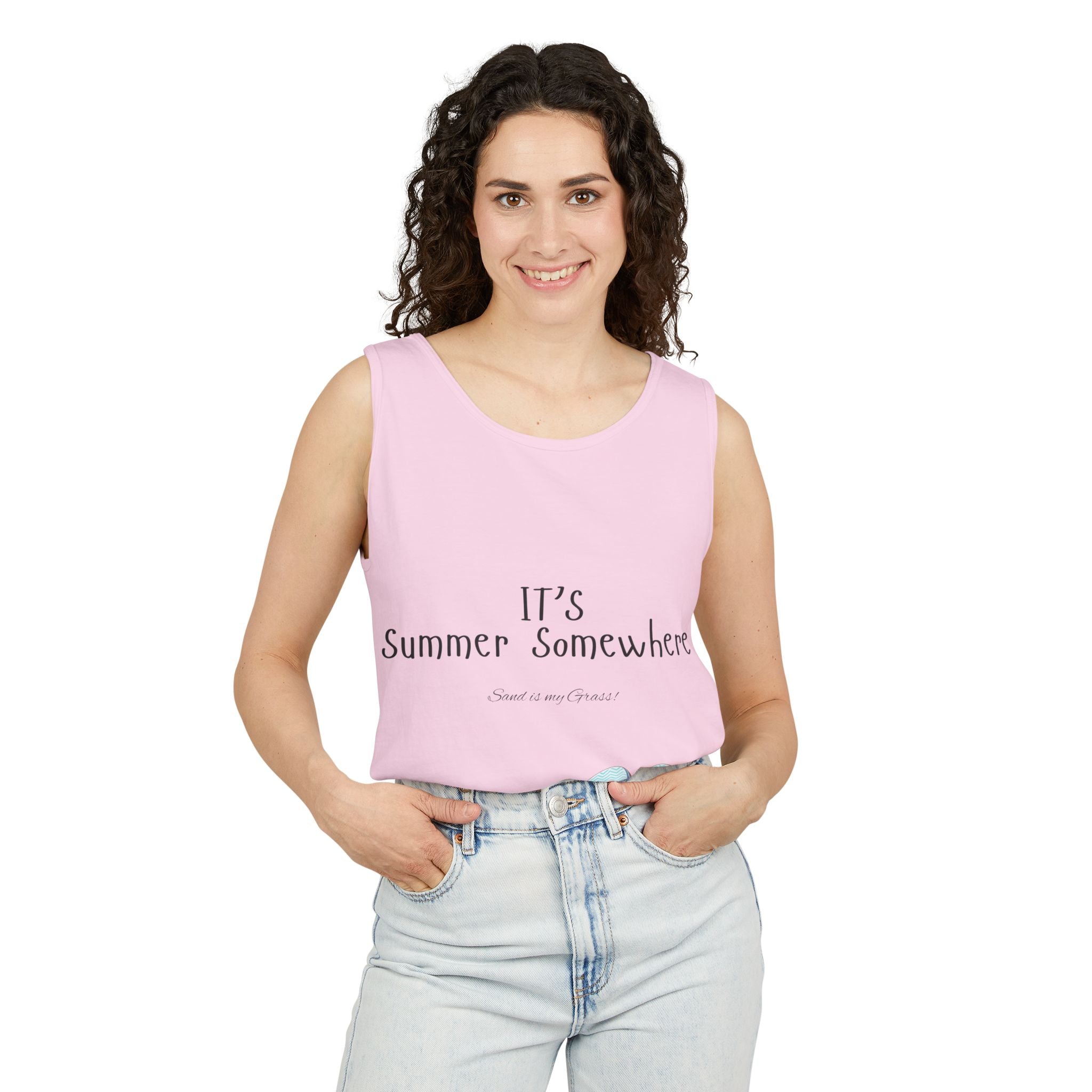 Beach Vibes Tank Top — "It’s Summer Somewhere" Flip-Flop & Sand Graphic