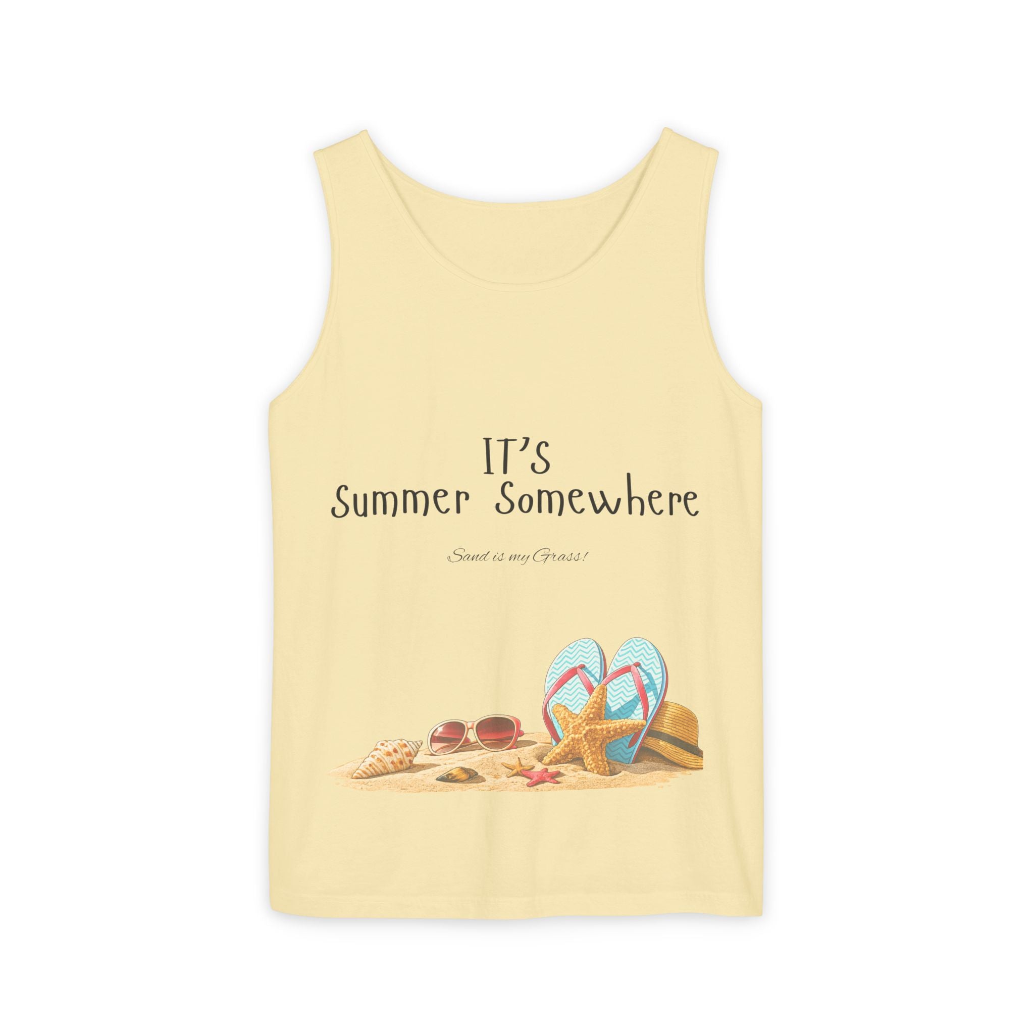 Beach Vibes Tank Top — "It’s Summer Somewhere" Flip-Flop & Sand Graphic