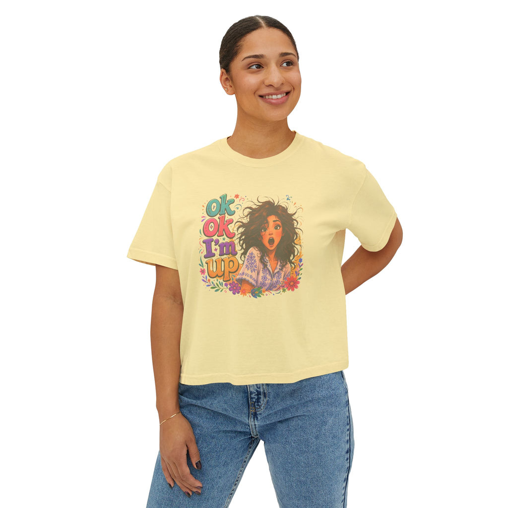 Women's Boxy Tee — 'Ok Ok I'm Up' Retro Floral Graphic Crop Top