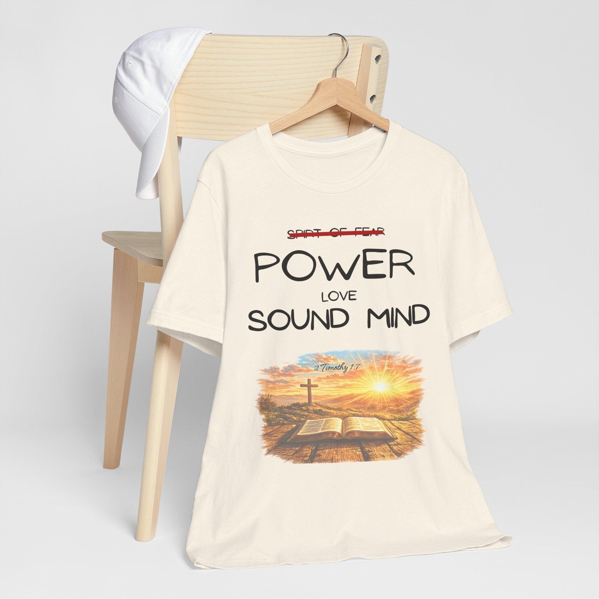 Power, Love, Sound Mind Christian T-Shirt — Bible Cross Sunrise Faith Tee