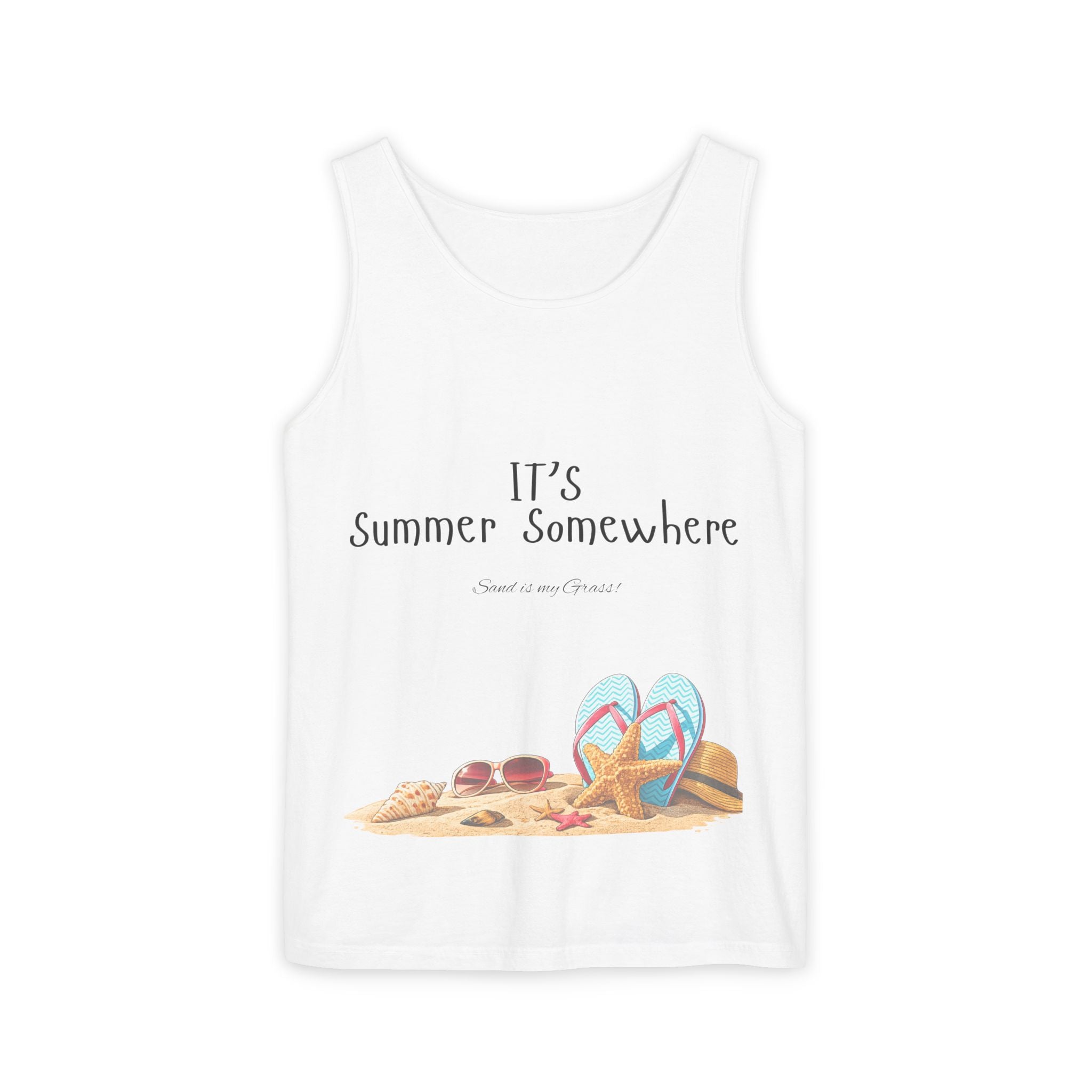Beach Vibes Tank Top — "It’s Summer Somewhere" Flip-Flop & Sand Graphic