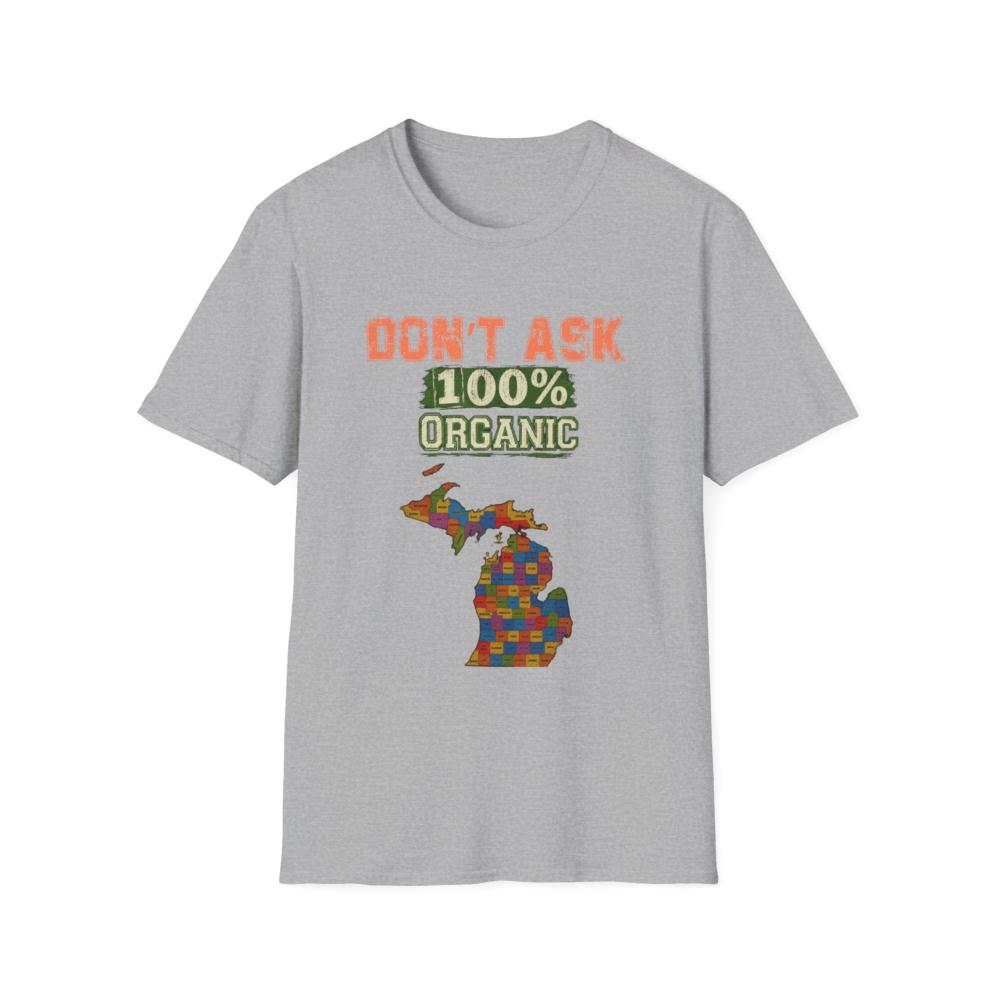 T-Shirt — "Don't Ask 100% Organic" Michigan Puzzle-Map Tee