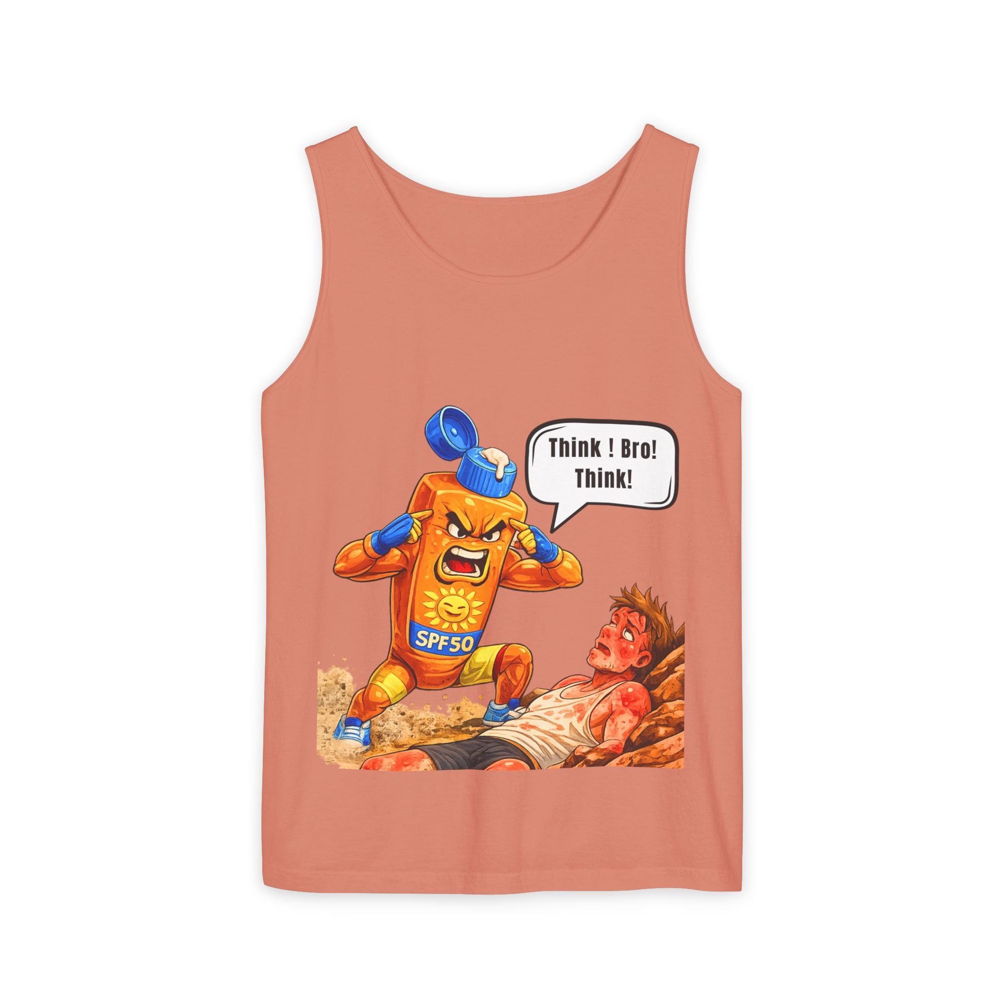 Sunscreen Mascot Tank Top — "Think! Bro! Think!" Vintage Safety Graphic