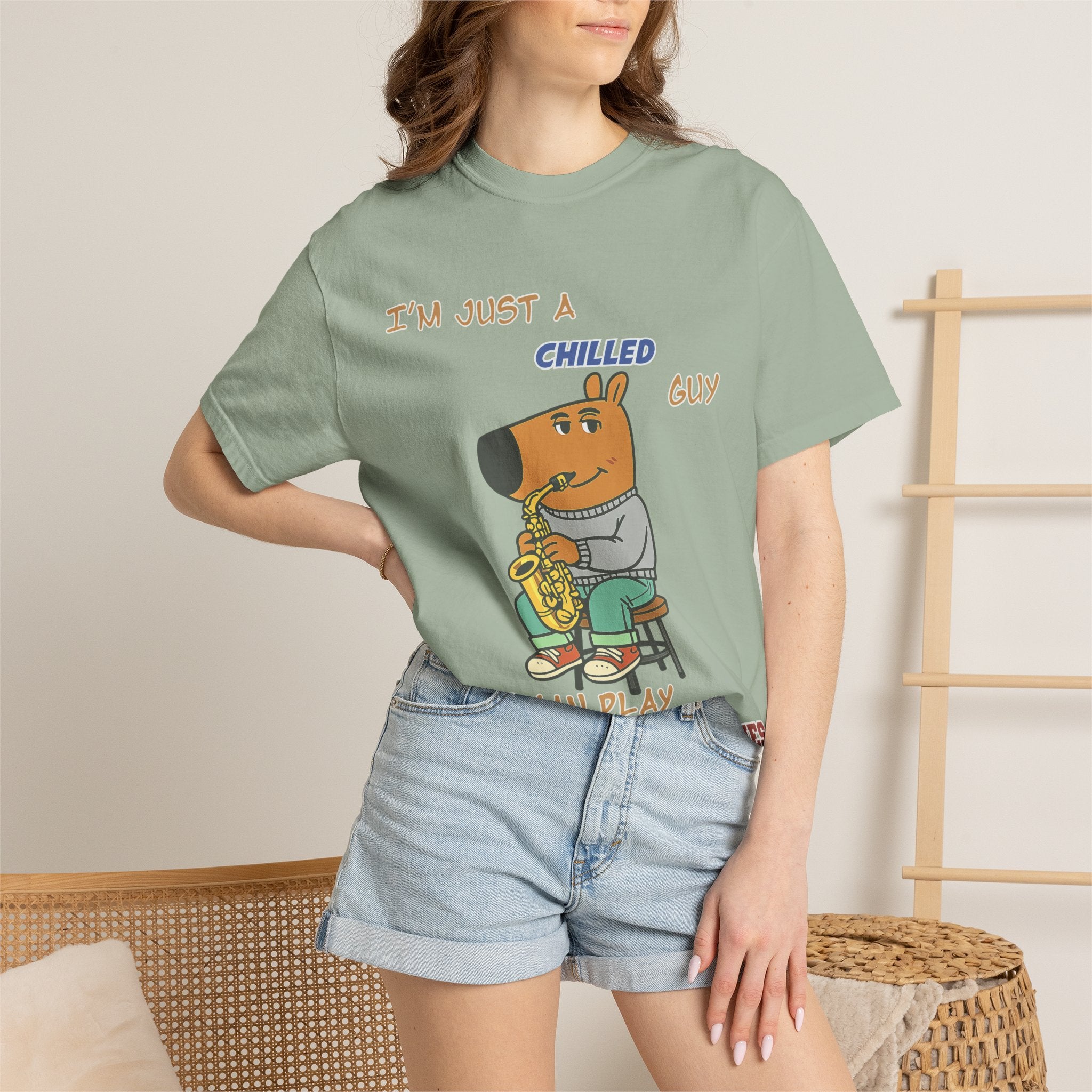 Chilled Saxophone Dog T-Shirt — "I'm Just a Chilled Guy But I Can Play Them Saxophones"