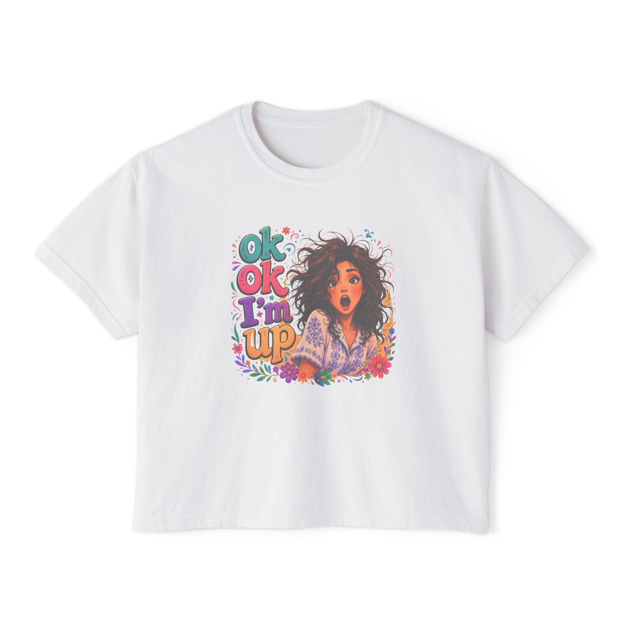 Women's Boxy Tee — 'Ok Ok I'm Up' Retro Floral Graphic Crop Top