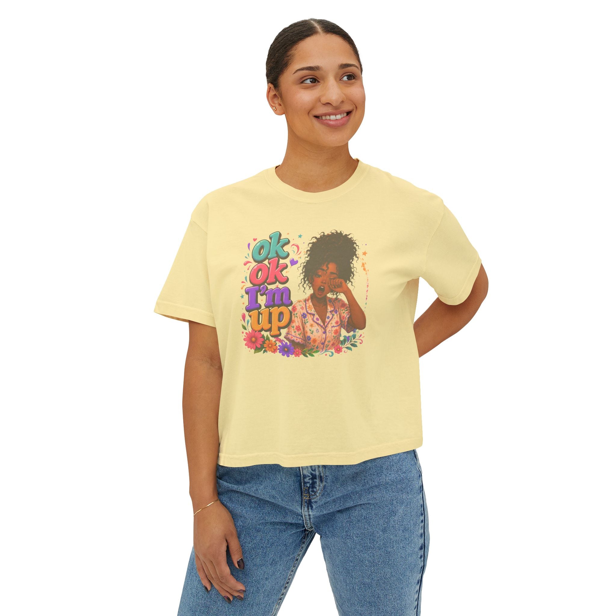 Women's 'Ok Ok I'm Up' Boxy Tee - Retro Floral Graphic Cropped T-Shirt
