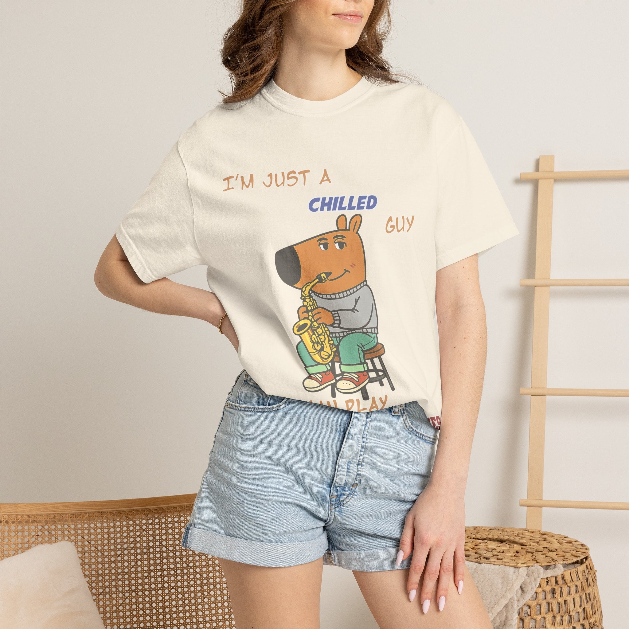 Chilled Saxophone Dog T-Shirt — "I'm Just a Chilled Guy But I Can Play Them Saxophones"