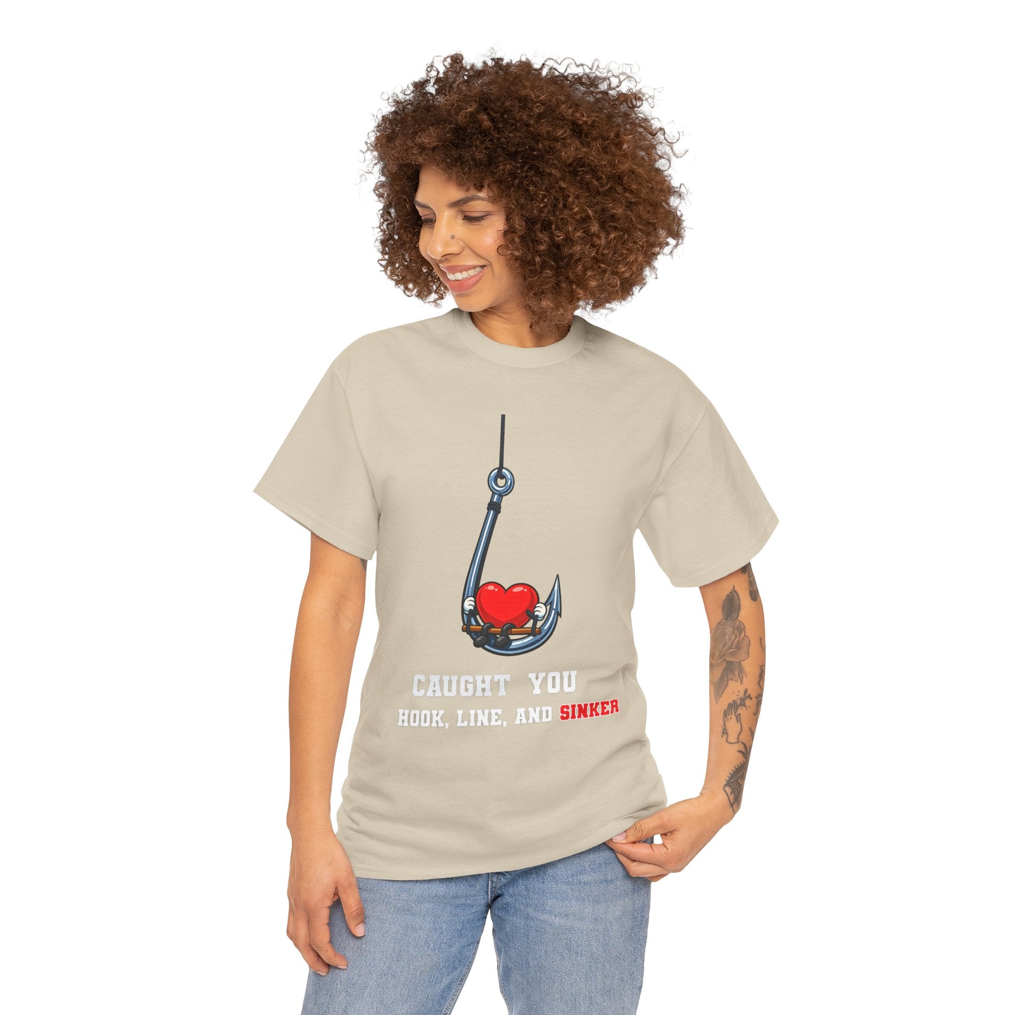T-Shirt — "Caught You Hook, Line, and Sinker" Fishing Heart Tee