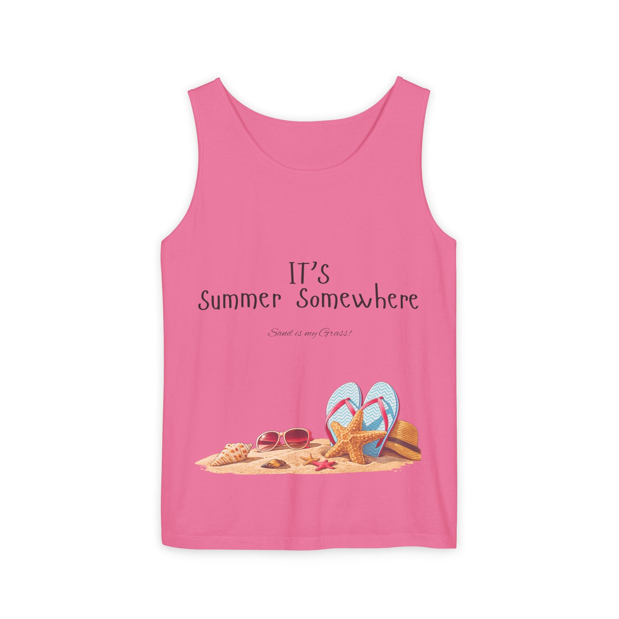 Beach Vibes Tank Top — "It’s Summer Somewhere" Flip-Flop & Sand Graphic