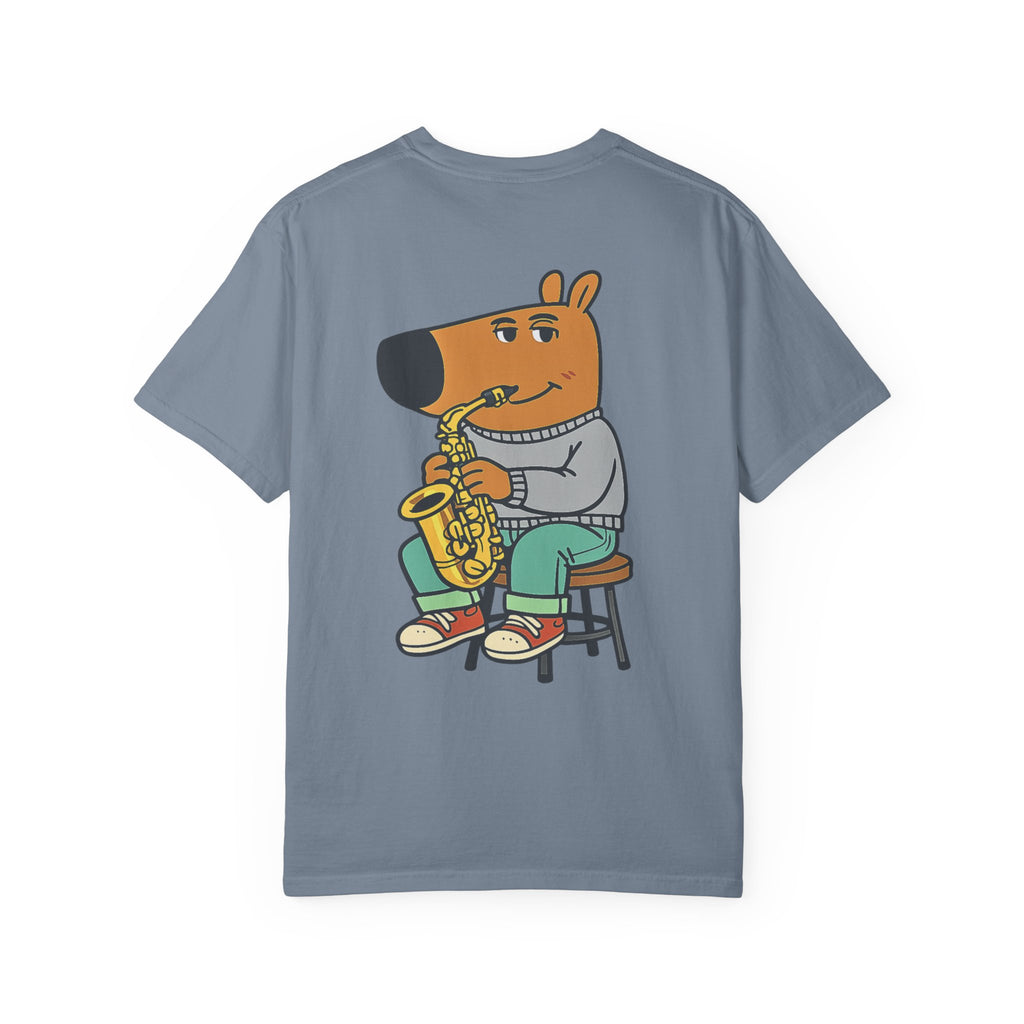 Chilled Saxophone Dog T-Shirt — "I'm Just a Chilled Guy But I Can Play Them Saxophones"