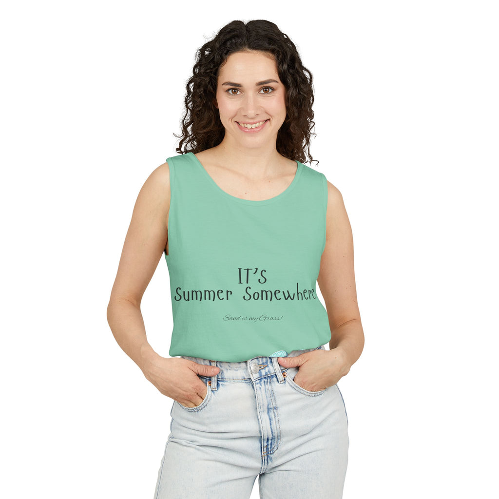 Beach Vibes Tank Top — "It’s Summer Somewhere" Flip-Flop & Sand Graphic