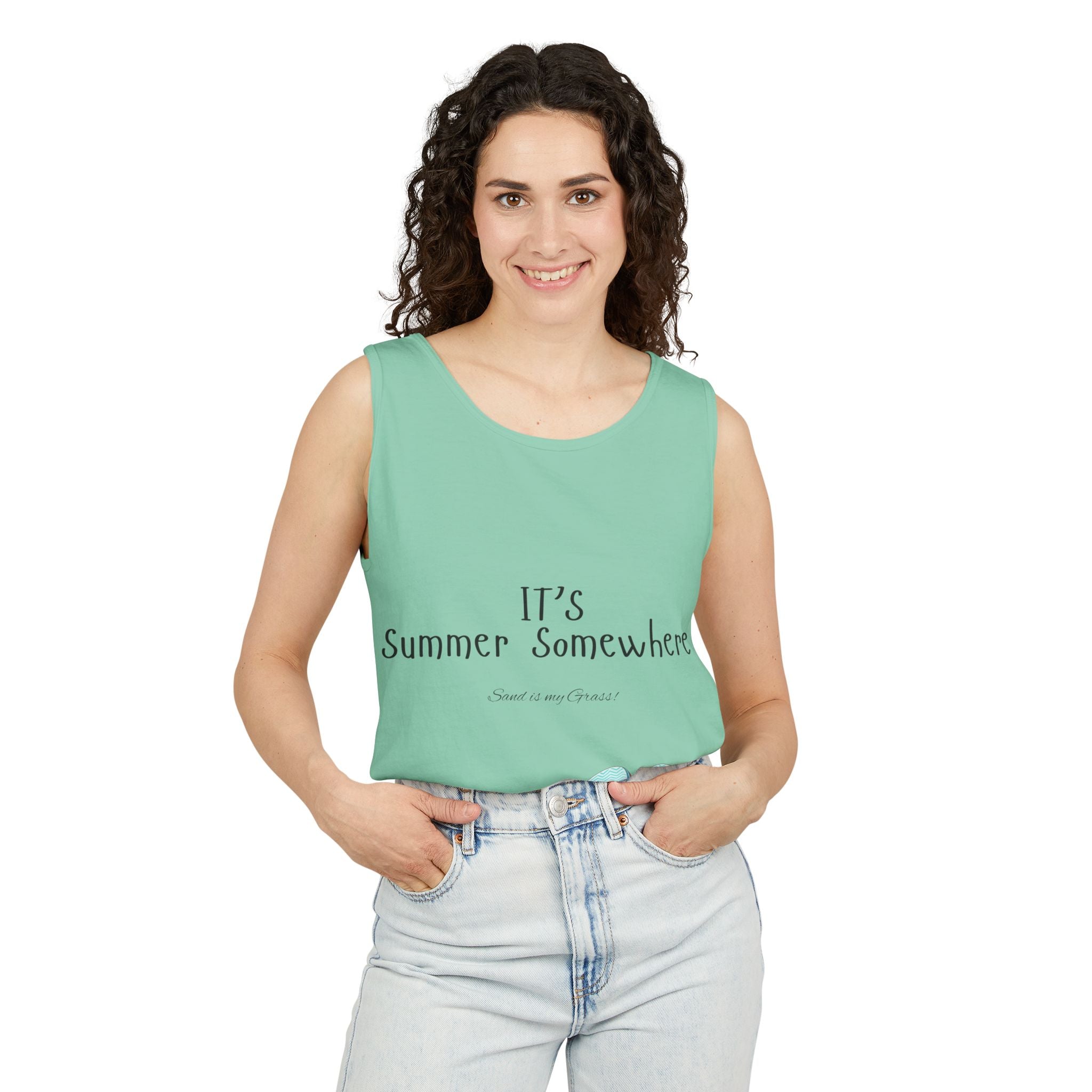 Beach Vibes Tank Top — "It’s Summer Somewhere" Flip-Flop & Sand Graphic
