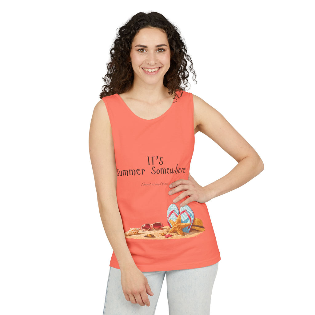 Beach Vibes Tank Top — "It’s Summer Somewhere" Flip-Flop & Sand Graphic