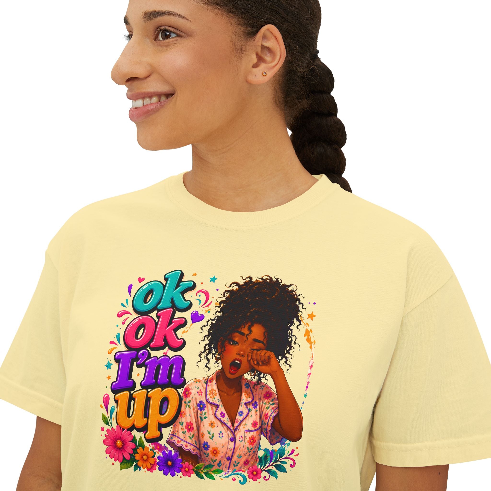 Women's 'Ok Ok I'm Up' Boxy Tee - Retro Floral Graphic Cropped T-Shirt