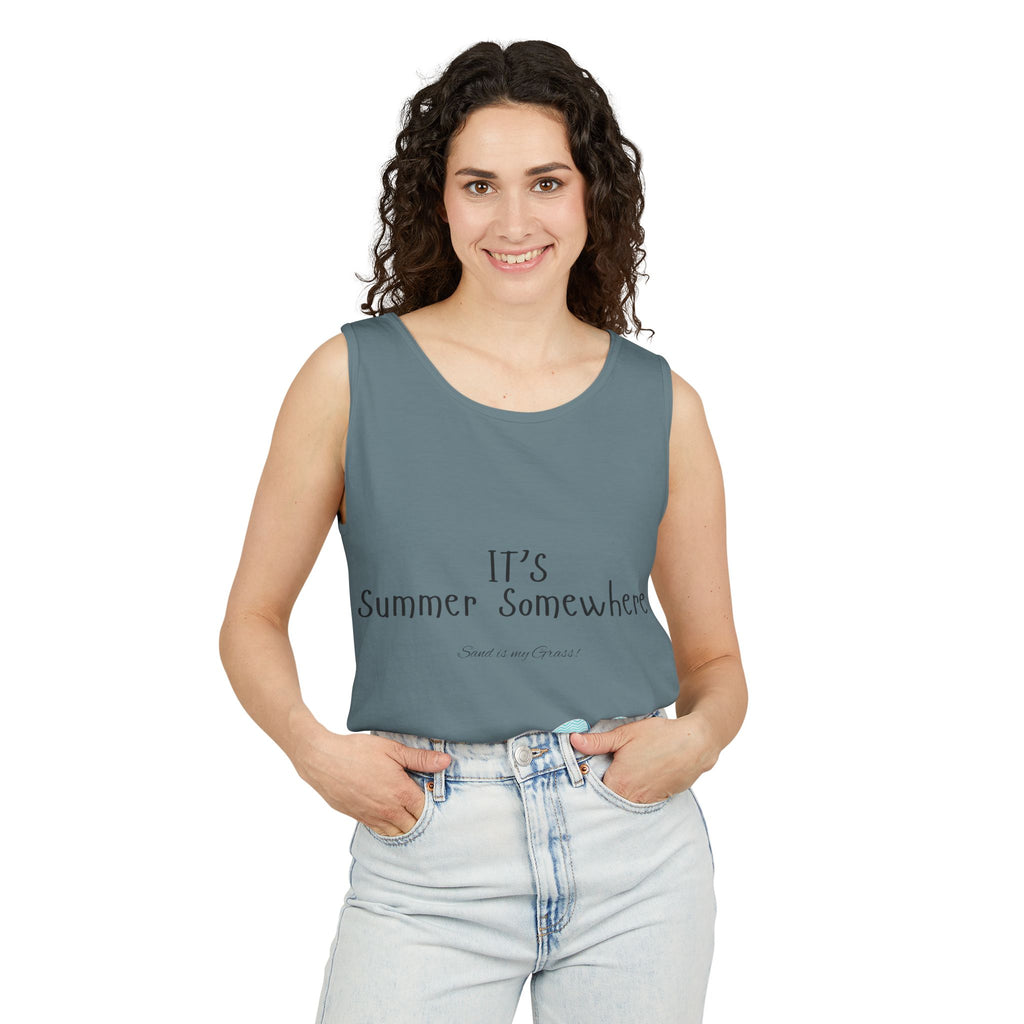 Beach Vibes Tank Top — "It’s Summer Somewhere" Flip-Flop & Sand Graphic