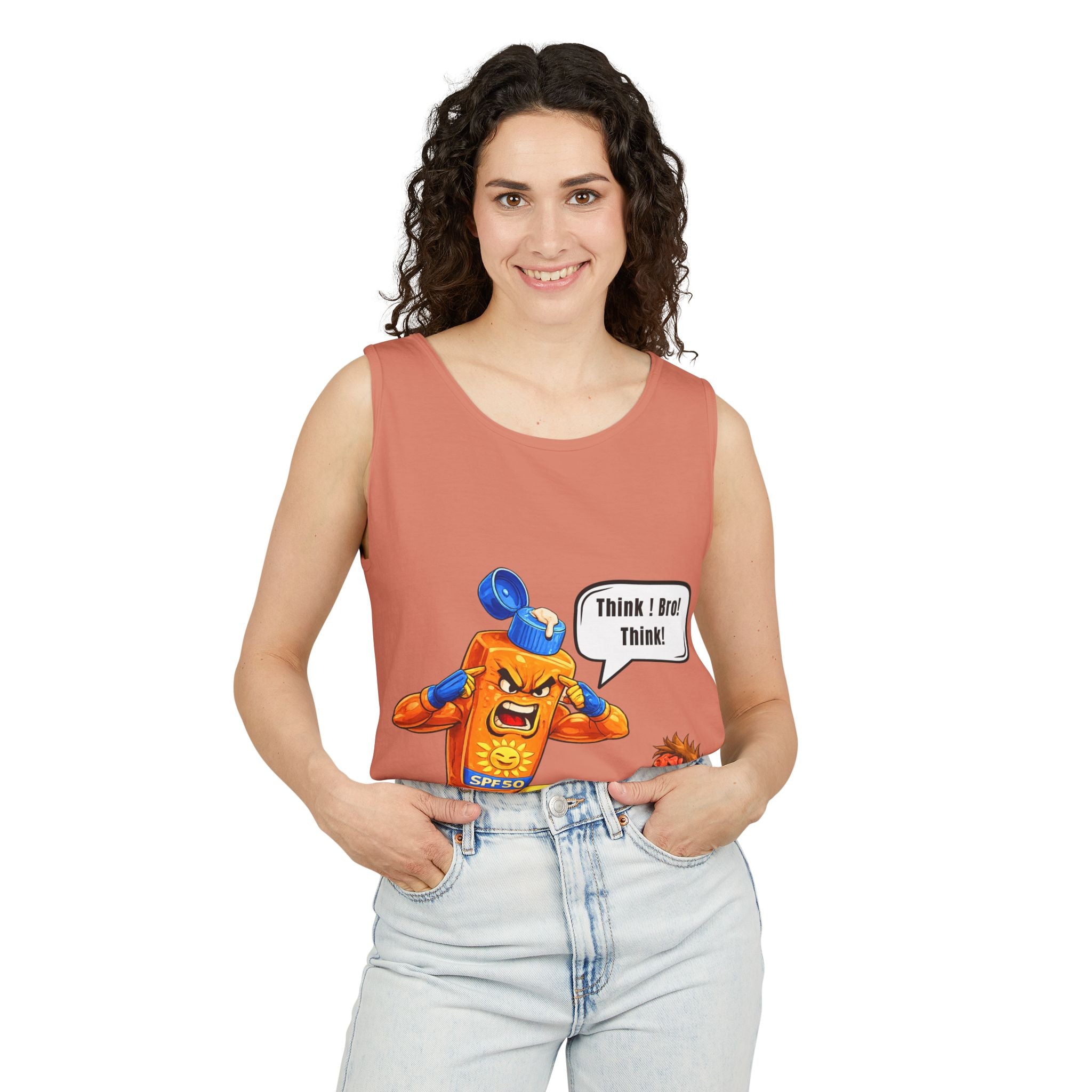 Sunscreen Mascot Tank Top — "Think! Bro! Think!" Vintage Safety Graphic