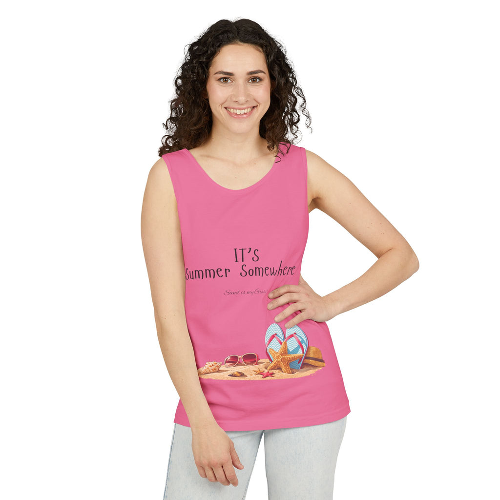 Beach Vibes Tank Top — "It’s Summer Somewhere" Flip-Flop & Sand Graphic