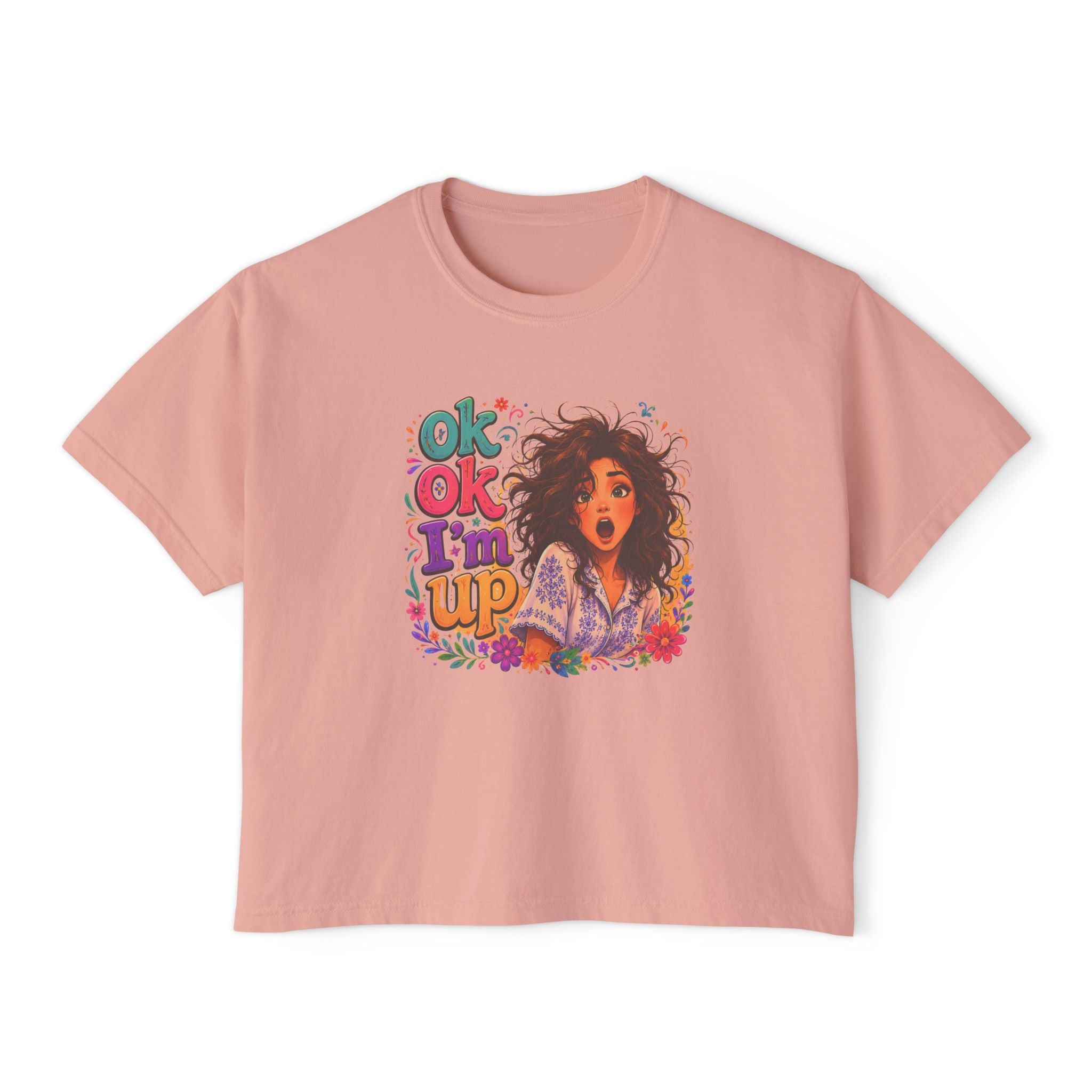 Women's Boxy Tee — 'Ok Ok I'm Up' Retro Floral Graphic Crop Top