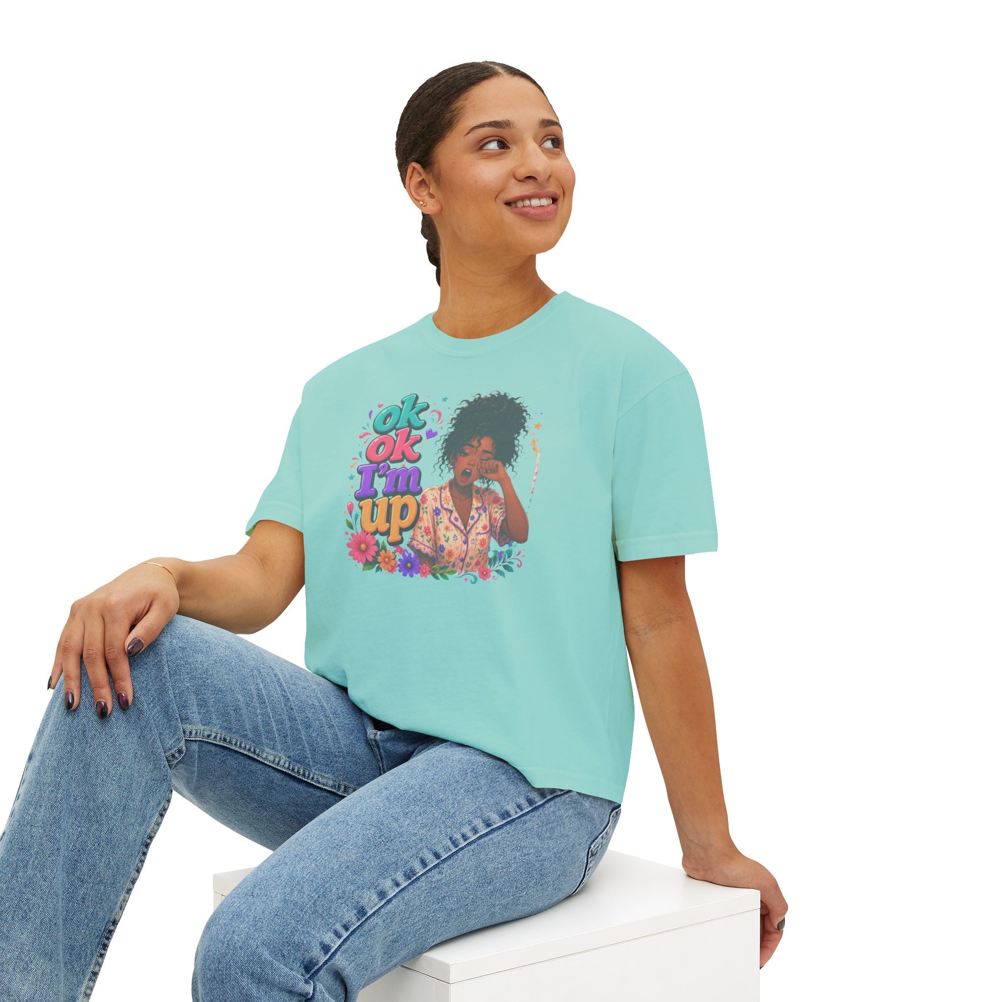 Women's 'Ok Ok I'm Up' Boxy Tee - Retro Floral Graphic Cropped T-Shirt