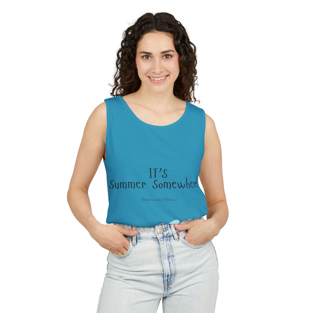 Beach Vibes Tank Top — "It’s Summer Somewhere" Flip-Flop & Sand Graphic