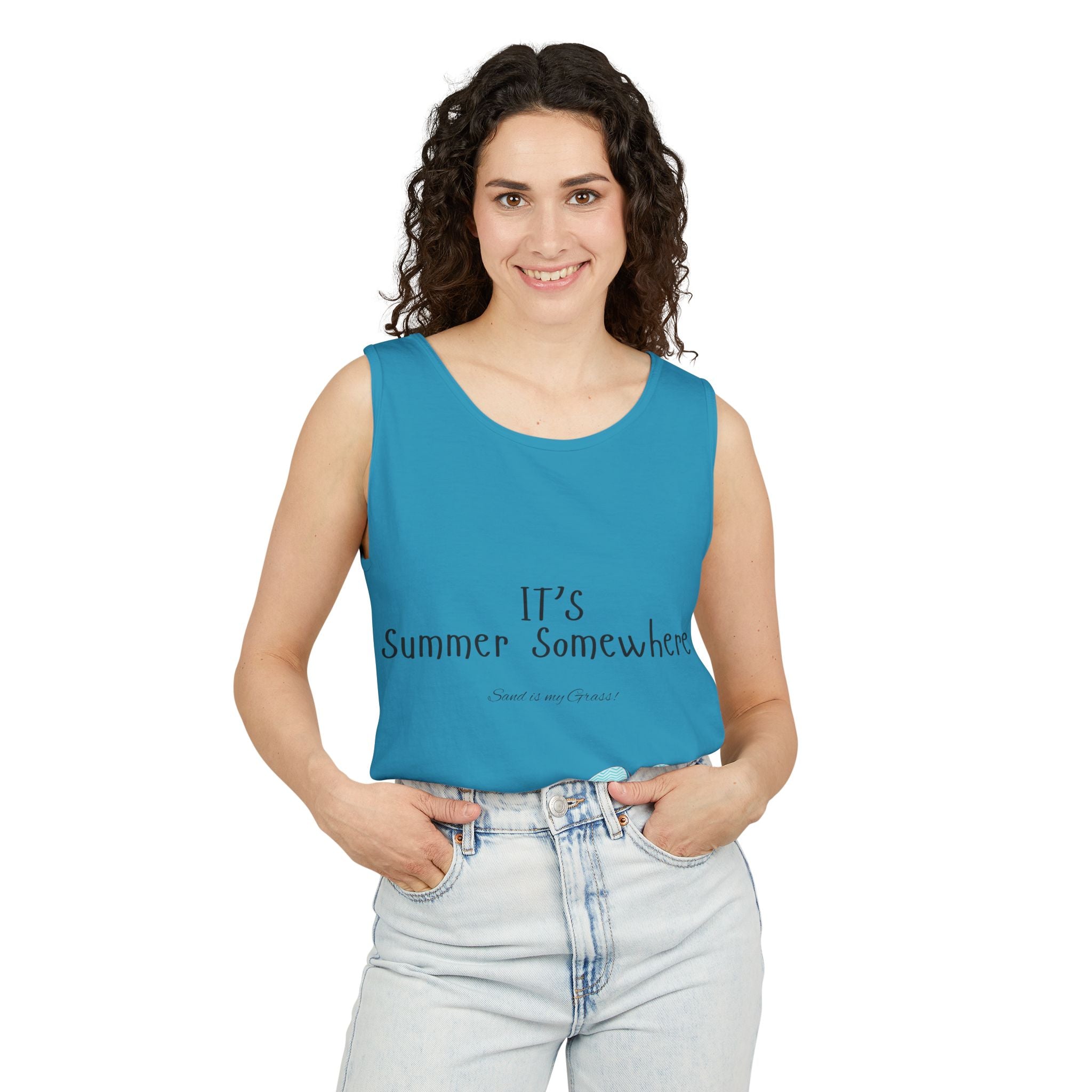 Beach Vibes Tank Top — "It’s Summer Somewhere" Flip-Flop & Sand Graphic