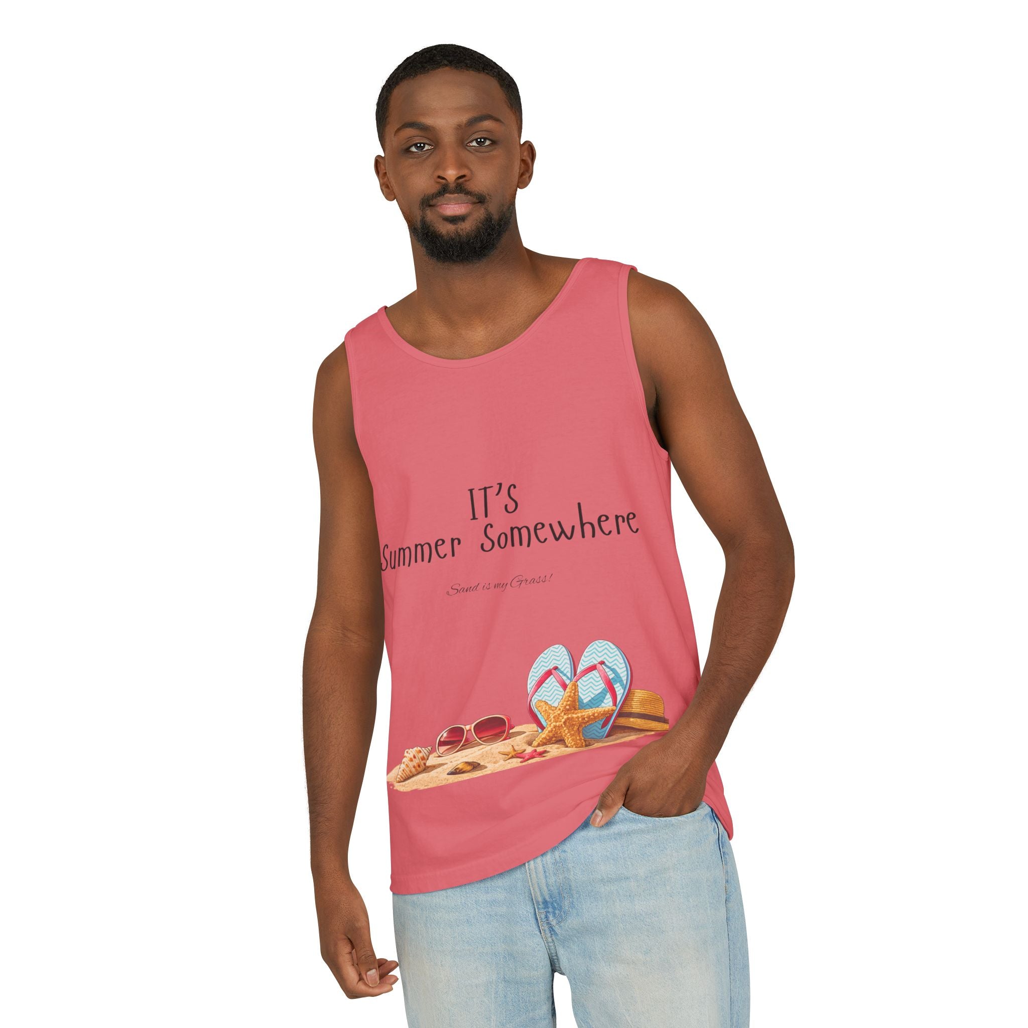 Beach Vibes Tank Top — "It’s Summer Somewhere" Flip-Flop & Sand Graphic