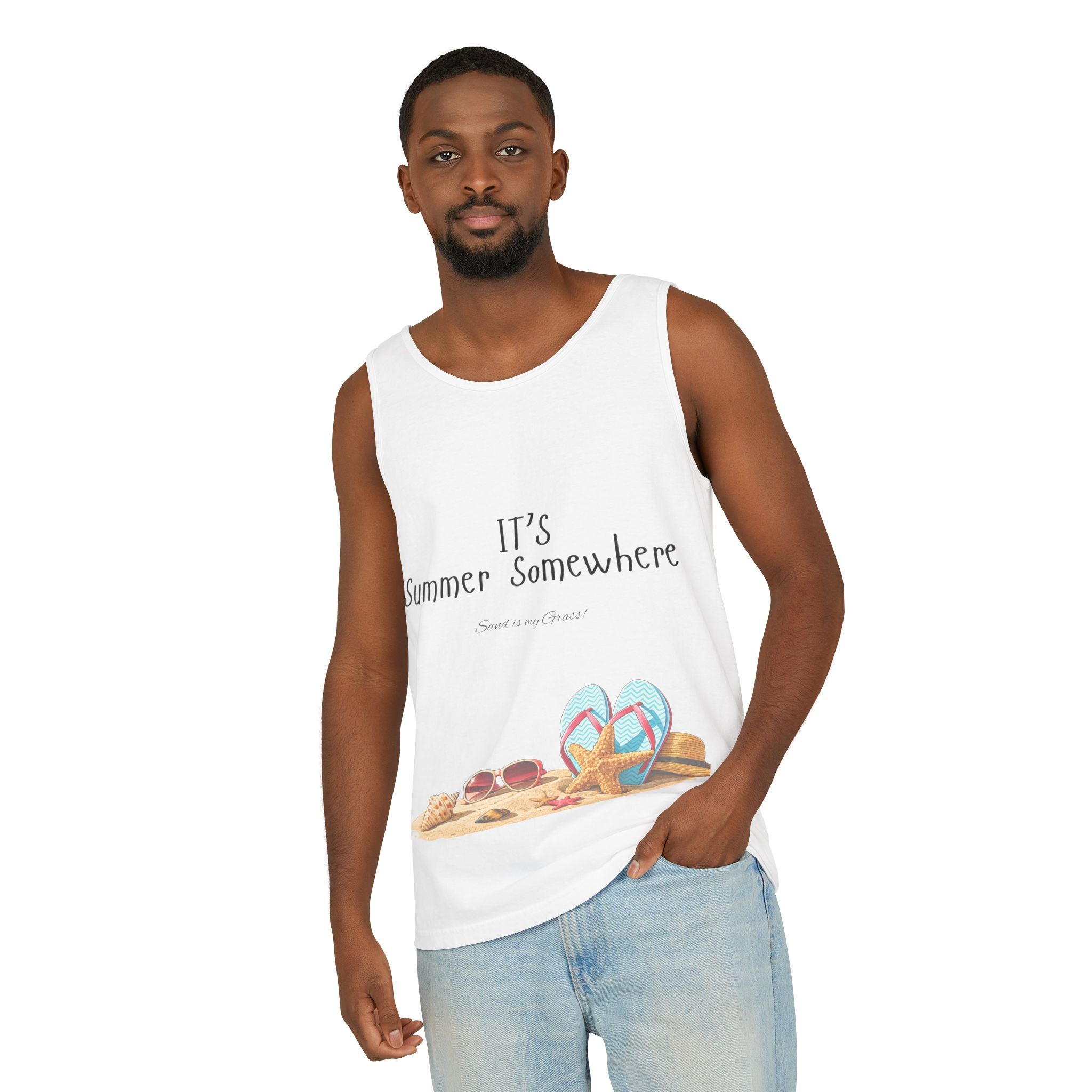 Beach Vibes Tank Top — "It’s Summer Somewhere" Flip-Flop & Sand Graphic
