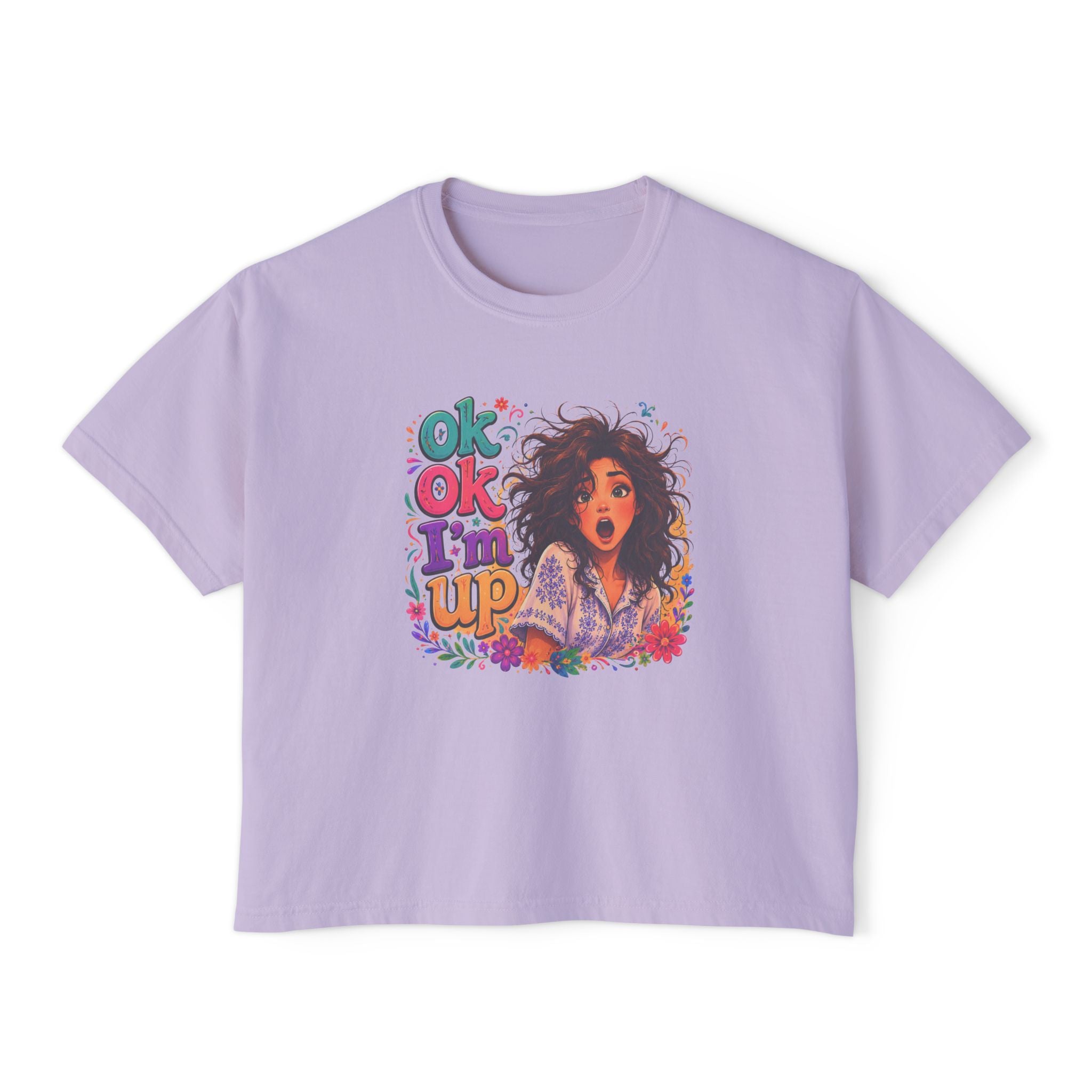 Women's Boxy Tee — 'Ok Ok I'm Up' Retro Floral Graphic Crop Top