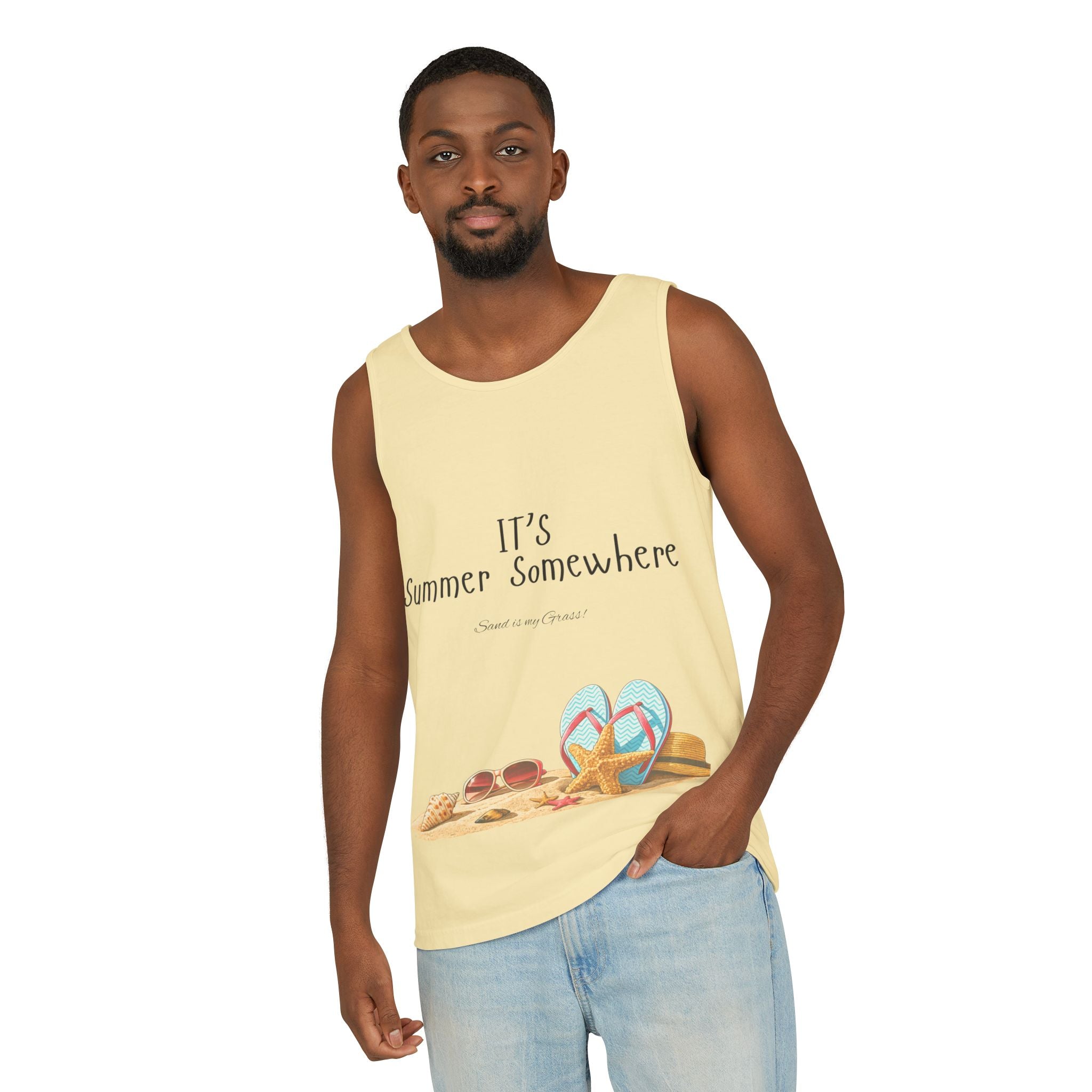 Beach Vibes Tank Top — "It’s Summer Somewhere" Flip-Flop & Sand Graphic